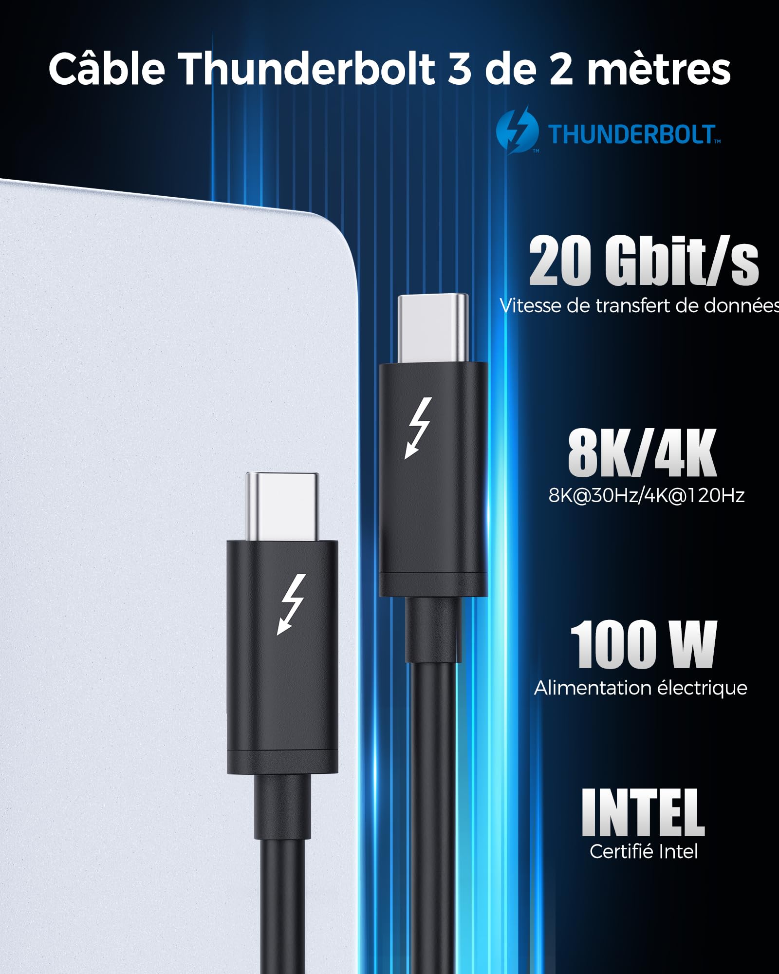 Cable Matters [Certifié Intel] 40Gbps Câble Thunderbolt 3 (Cable Thunderbolt 3 USB C) en Noir 0.8m prenant en Charge Une Charge de 100 W, 8K@30Hz/4K@120Hz
