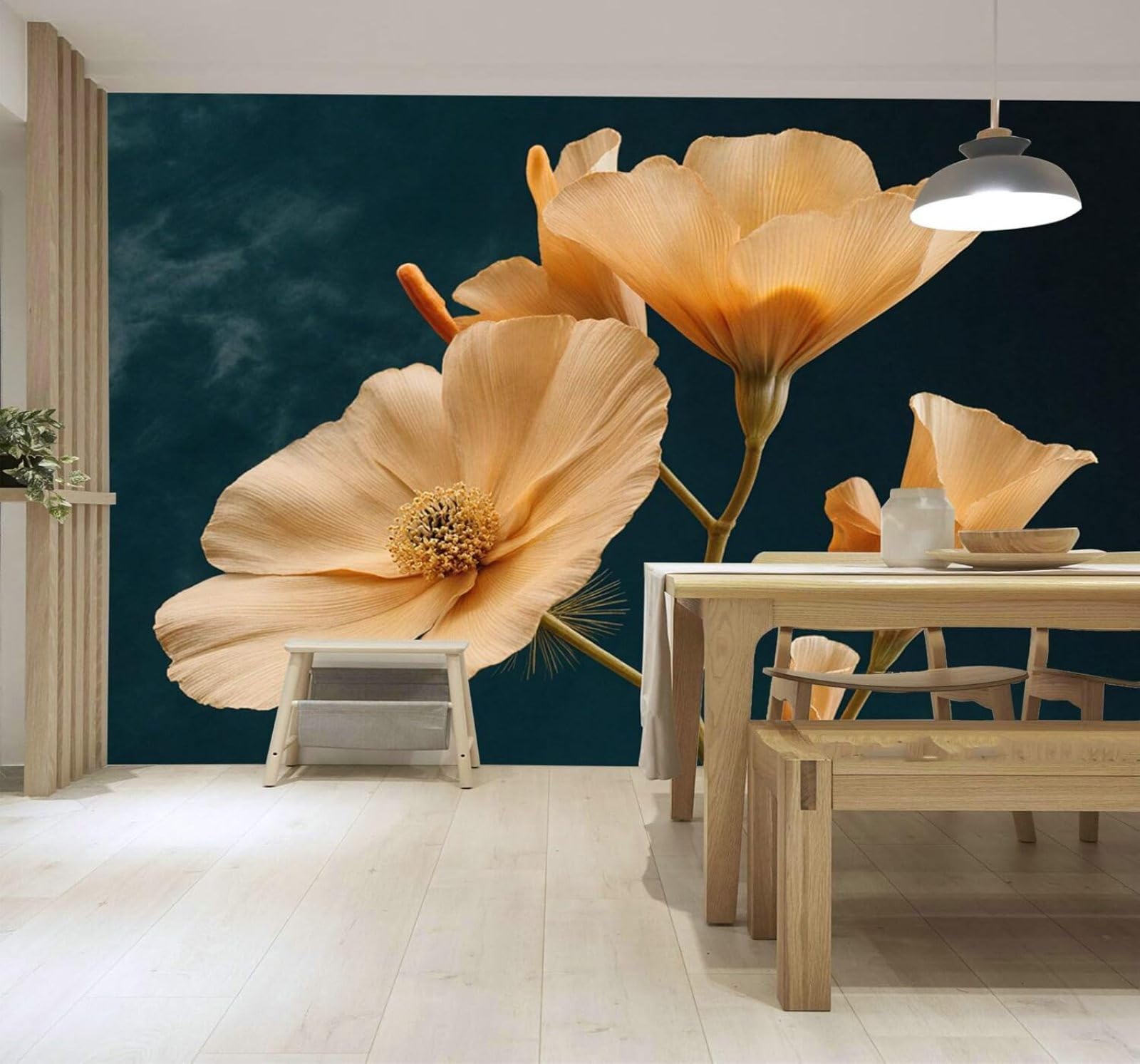 XLMING Simple Beautiful Beige Flowers Dark Green Background 3D Wallpaper Silky Texture Home Study Office Grey Dining Room Sofa Bedroom Living Room TV Backdrop-400cm×280cm