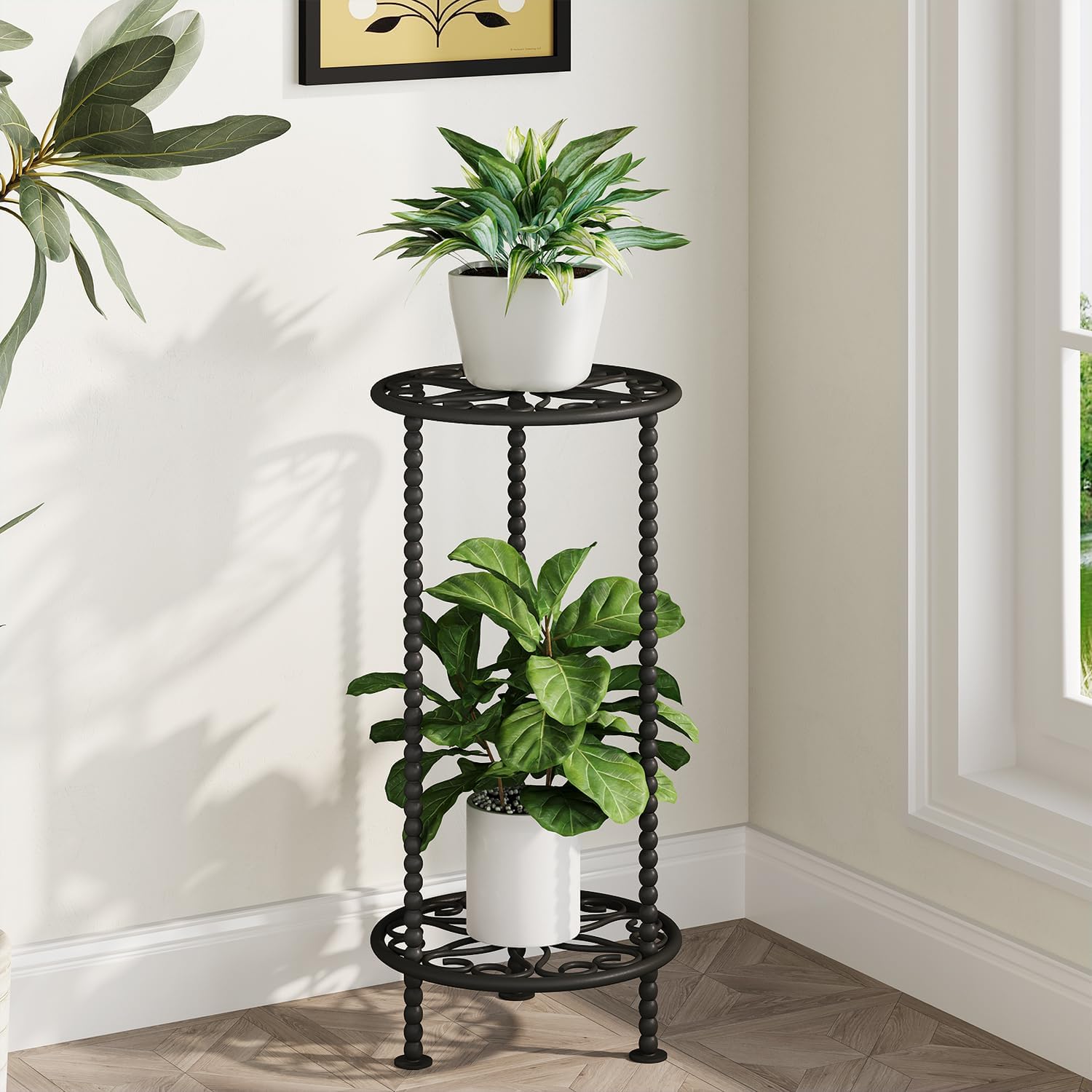 YINMIT Plant Stand Indoor Outdoor, 2 Tier Metal Plant Stand, 23" Tall Metal Spindle Poles Plant Stands, Corner Flower Pot Stand, Planter Pot Holder for Balcony Garden Patio Living Room(Black, 23.6 In)