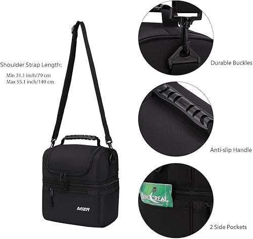 Miniatura 6 de MIER Bolsa de almuerzo con 2 compartimentos para hombres y mujeres, a prueba de fugas, bolsa térmica aislada para el trabajo (azul y negro)