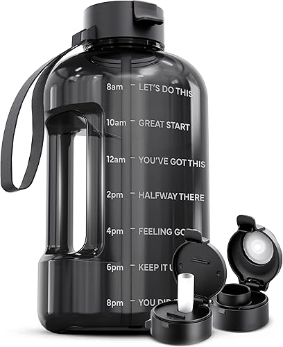 AQUAFIT Botella de agua de 1 galón con tiempos para beber, botella de agua de 128 onzas con pajilla, botella de agua motivacional, botella de agua
