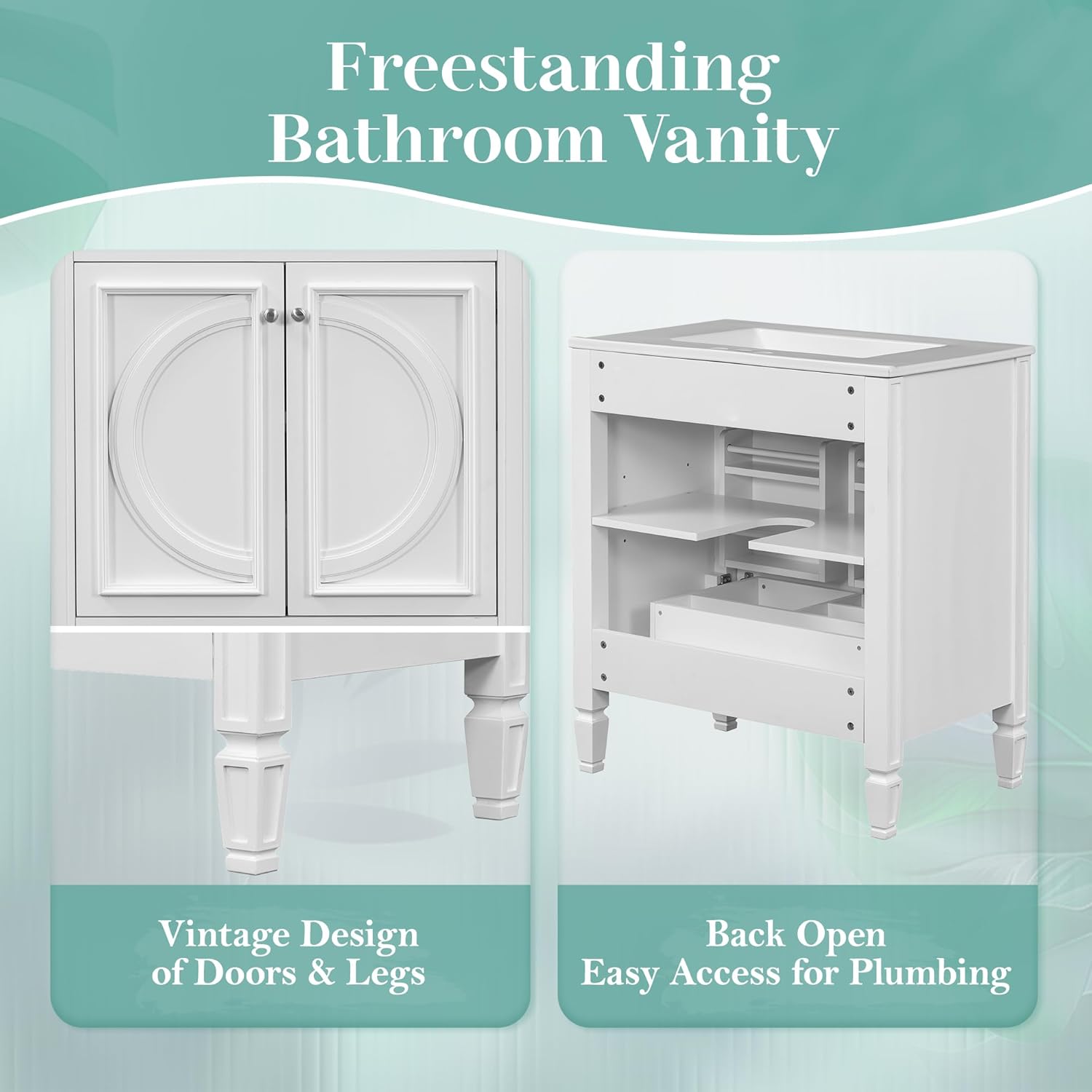 LZ LEISURE ZONE 30" Bathroom Vanity with Sink, Storage Cabinet with Drawer, Two Doors with Shelf, Soft Close Door Hinges, Vintage Style, White