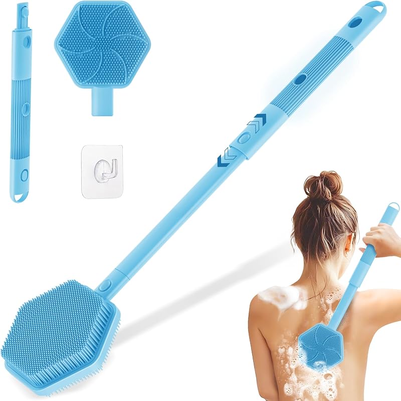 Escova de banho GEENOA para costas em silicone com cabo ajustável de 3 comprimentos, cabeça dupla, Azul