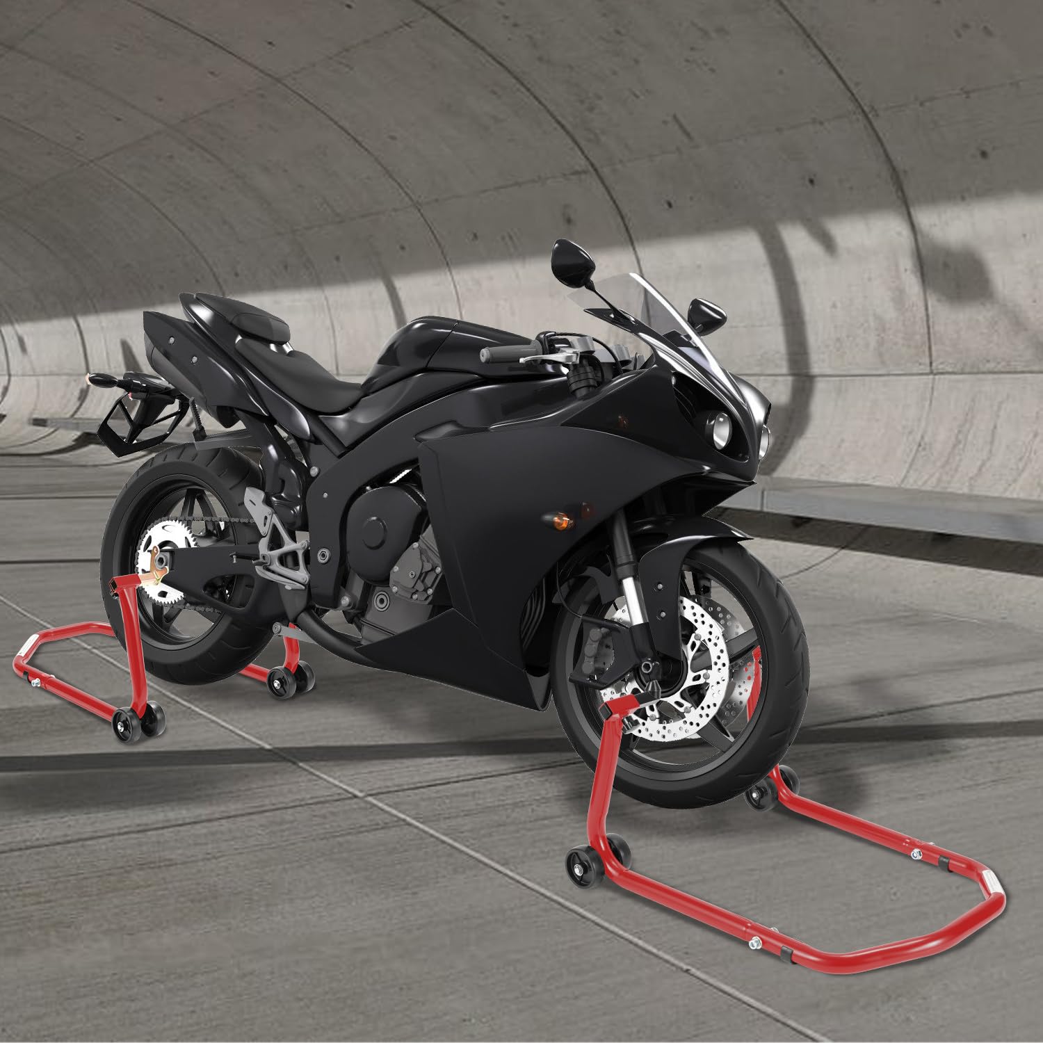Stojak na motocykl, podnośnik do motocykla, przedni stojak z podwójnymi kółkami, regulacja szerokości, prace montażowe do 300 kg, stabilność (czerwony)