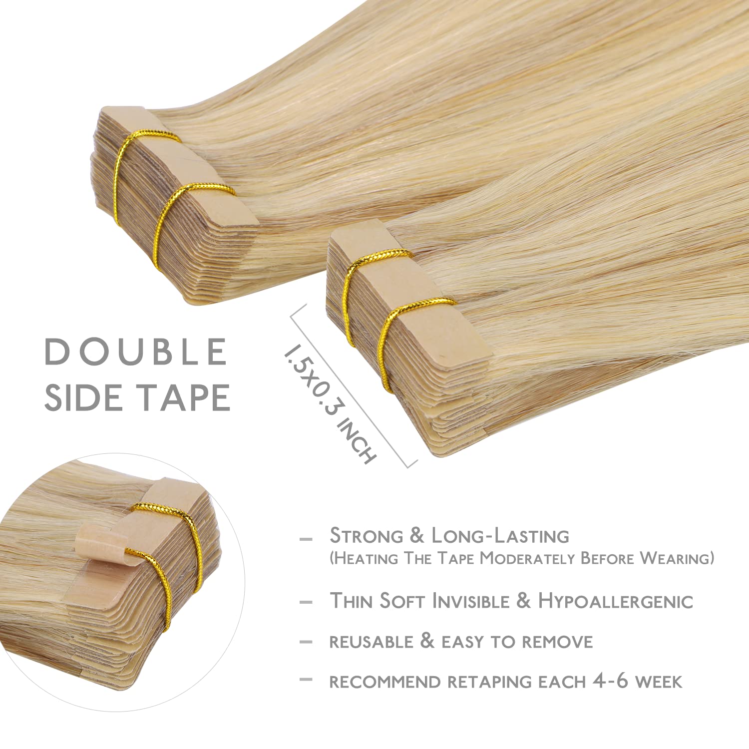 WENNALIFE Extensiones Adhesivas Pelo Natural, 55cm, 50g, 20 Piezas, Hellblond Highlights Goldblond, Extensiones Pelo Remy Cabello Humano - 3