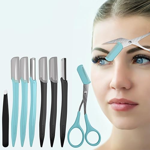 Miniatura 7 de Kit de 8 tijeras de cejas y afeitadora facial Dermaplaning, herramientas de precisión profesionales para piel suave, removedor de vello facial,
