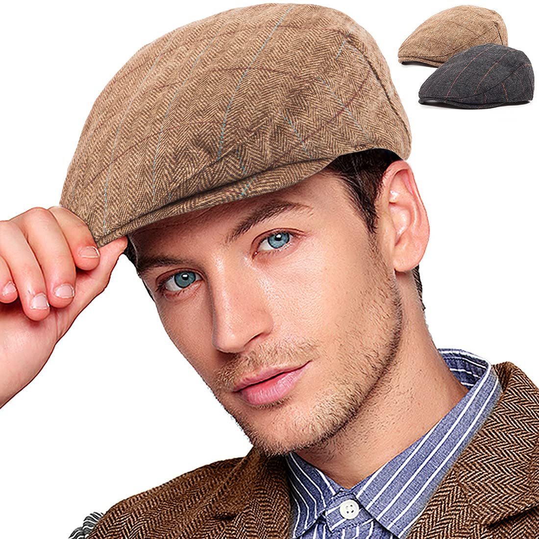 2-Pack Adjustable Newsboy Hats for Men Flat Cap Irish Wool Blend Tweed