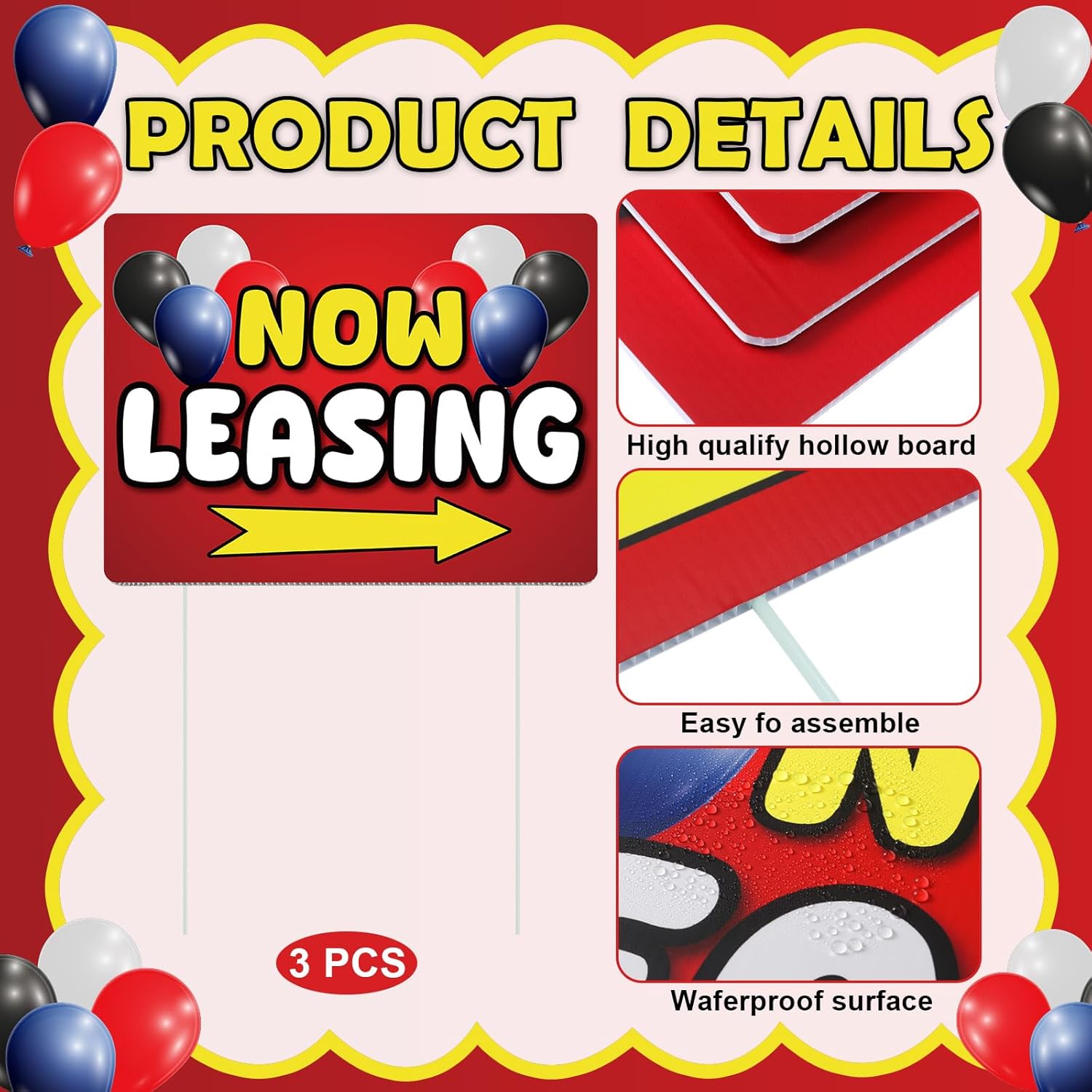 Ripeng 3 Pcs Leasing Double Sided Yard Signs with Arrow 16 x 12 Inch Yard Signs with Stakes for Outdoor Office Retail Store Restaurant Bar Hotel (Now Leasing)