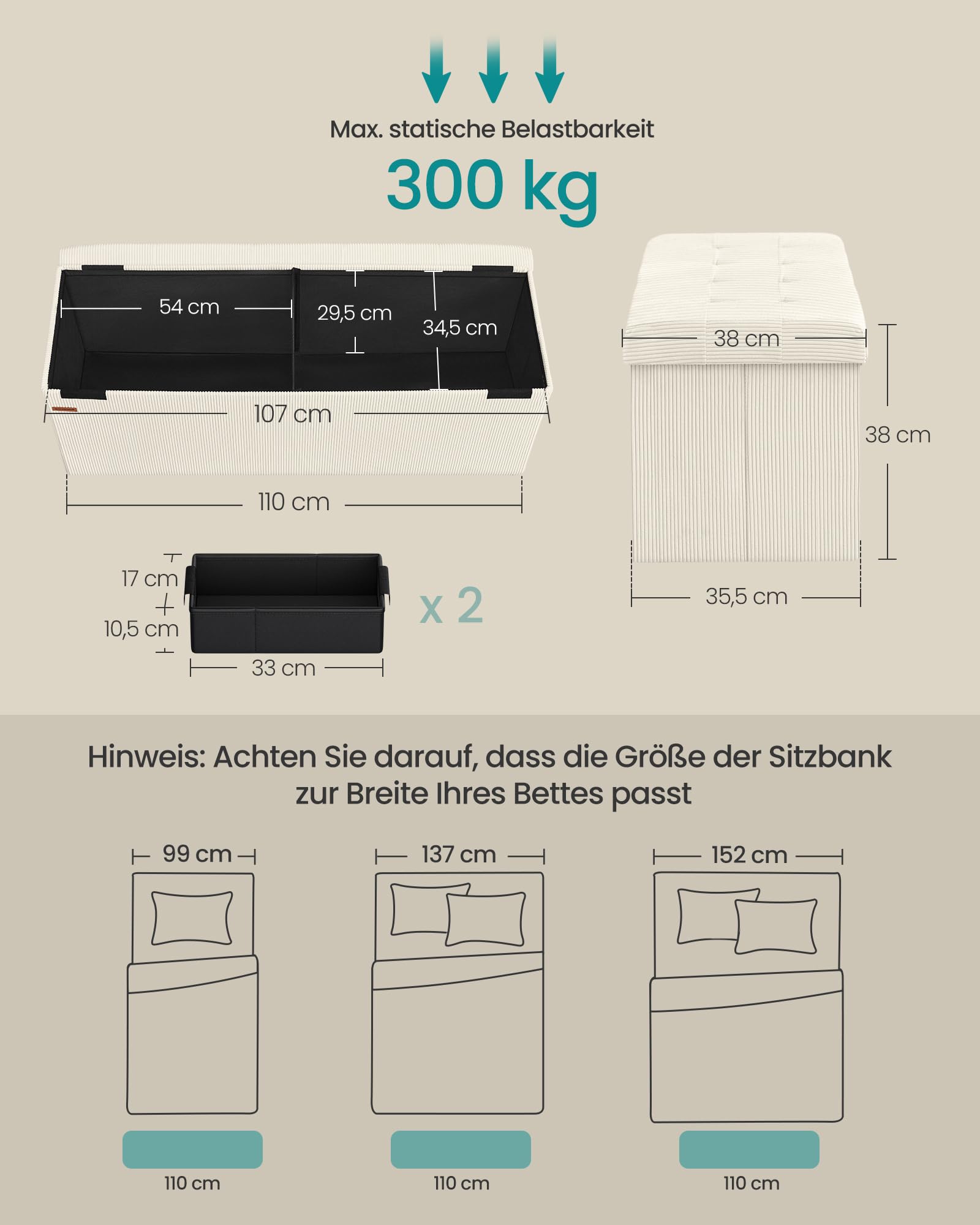 SONGMICS Sitzbank mit Stauraum, klappbare Fußbank, 38 x 110 x 38 cm, Bettbank, Aufbewahrungsbox, bis 300 kg belastbar, Wohnzimmer, Schlafzimmer, Eingangsbereich, cremeweiß LSF604W01