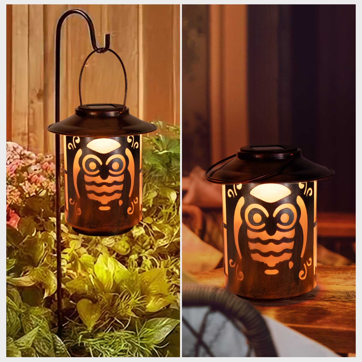 Wisząca latarnia solarna na zewnątrz, wodoodporna, sowa, retro, metalowe lampy solarne LED, dekoracyjne na patio, ogród, trawnik, podwórko, dekoracja