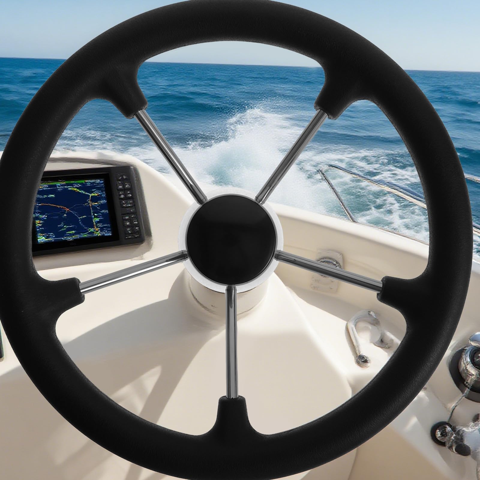 Steuerrad 13, 5 Zoll für Schiff Schwarzes Yacht und Edelstahl