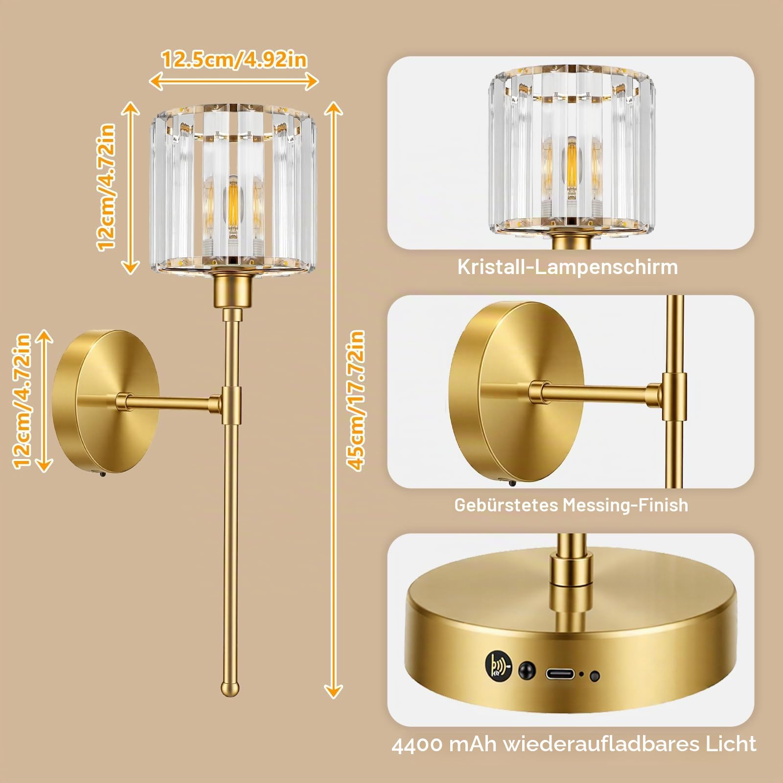LED Wandleuchte Innen Akku 2 Stück - Kristall Wandlampe Innen Dimmbare 3 Farbtemperatur - 45CM Gold Wandlampe mit Schalter und Fernbedienung für Wohnzimmer Schlafzimmer Treppenhaus TV Wand
