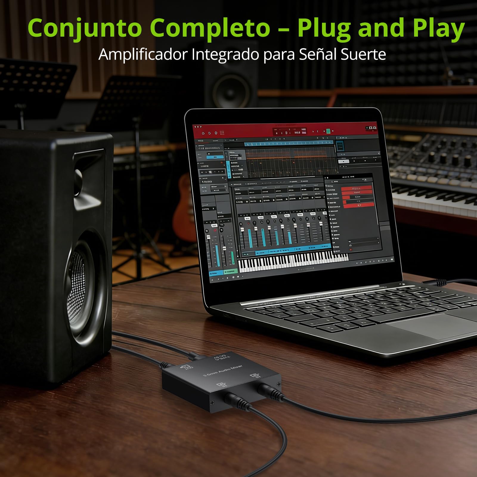 LiNKFOR Mini Mezclador de Audio 3.5mm de 2 Canales,Mezclador Activo con con Control de Volumen para PC/Altavoz/Amplificador/Teclado Electrónico