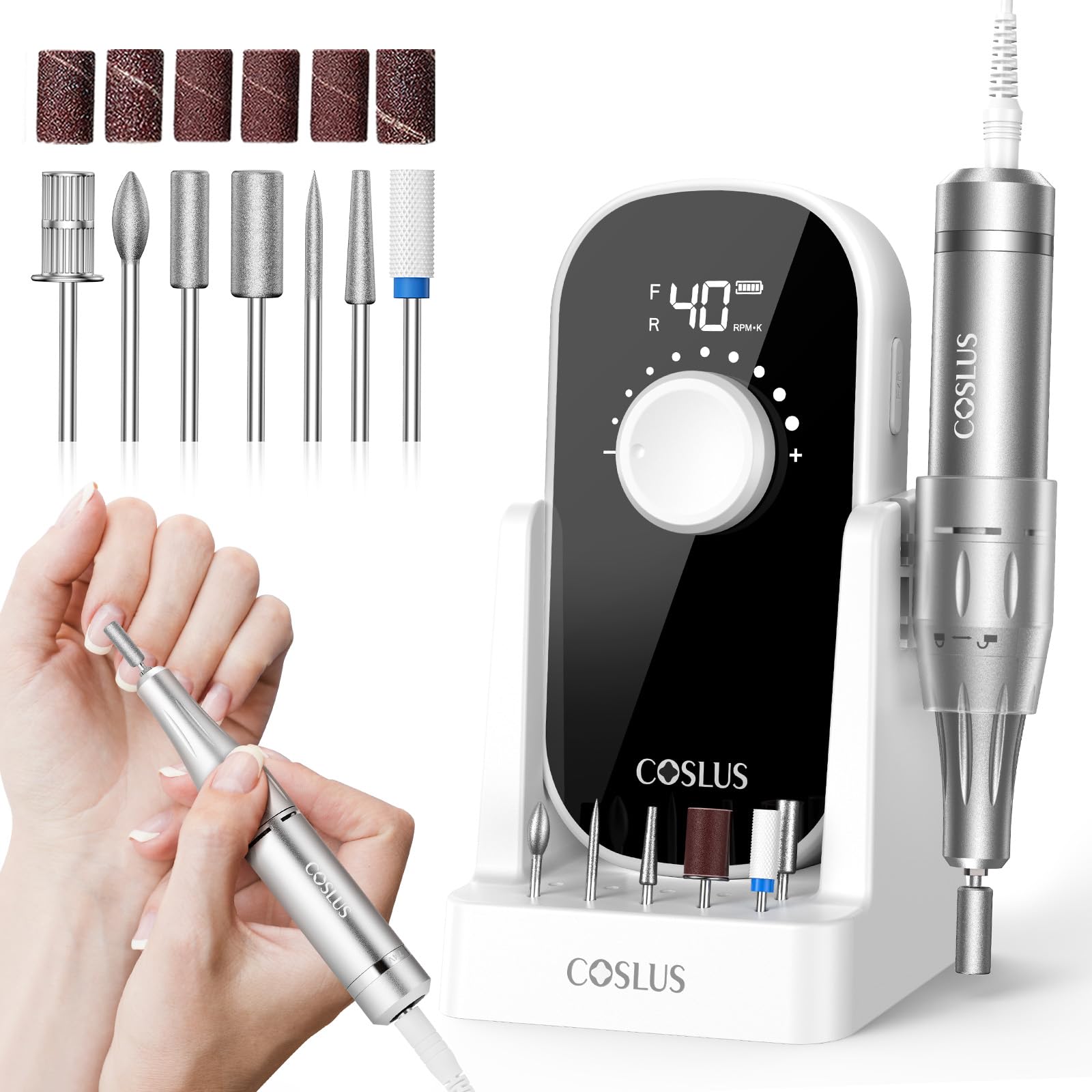 COSLUS E51 Elektrische Nagelfräser 40000 U/min: 6-in-1 Professionell Nagelpflege Set für Gelnägel Acrylnägel für Salon und Zuhause Mit Gel-Entfernung und Pediküre-Funktion Tragbar und Geräuscharm