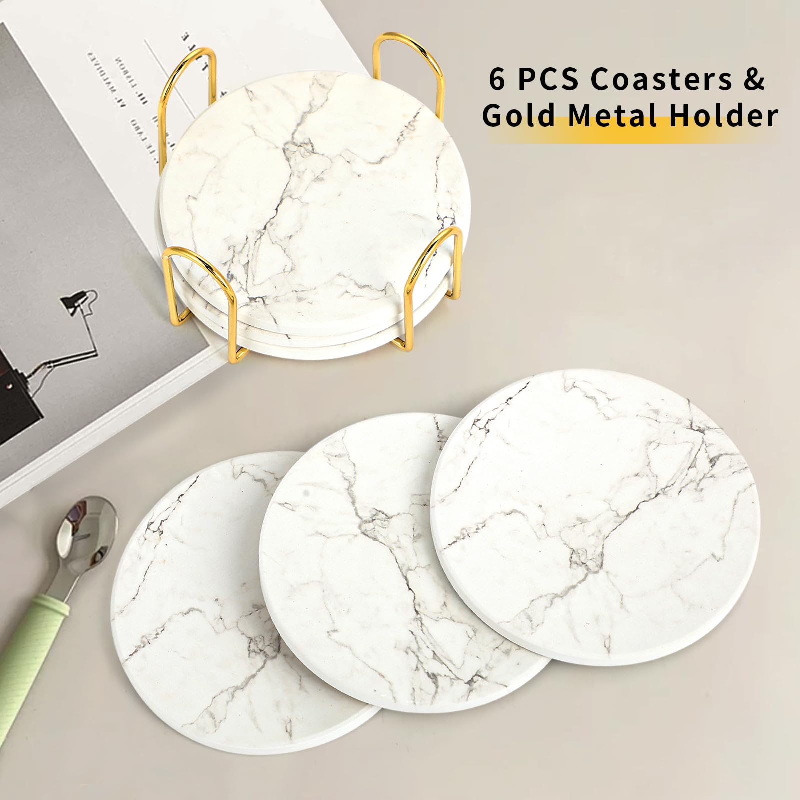 Posavasos con Soporte - Juego De 6 Posavasos Absorbentes - Coasters - Base Antideslizante - Absorción Rápida De Agua - Diseño De Mármol