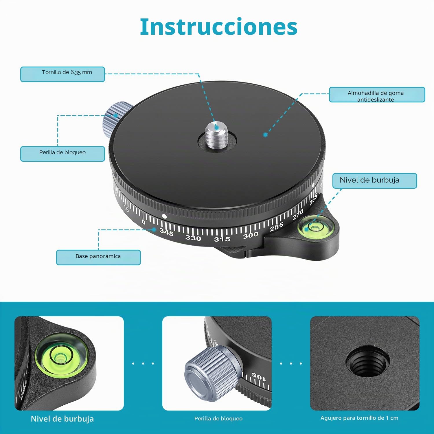 Neewer Base panorámica panorámica para cámara con Placa de Estilo, Tornillo de 3/8 Pulgadas, aleación de Aluminio, Cabeza de trípode con Nivel de Burbuja para trípode monopié cámaras DSLR, Capacidad