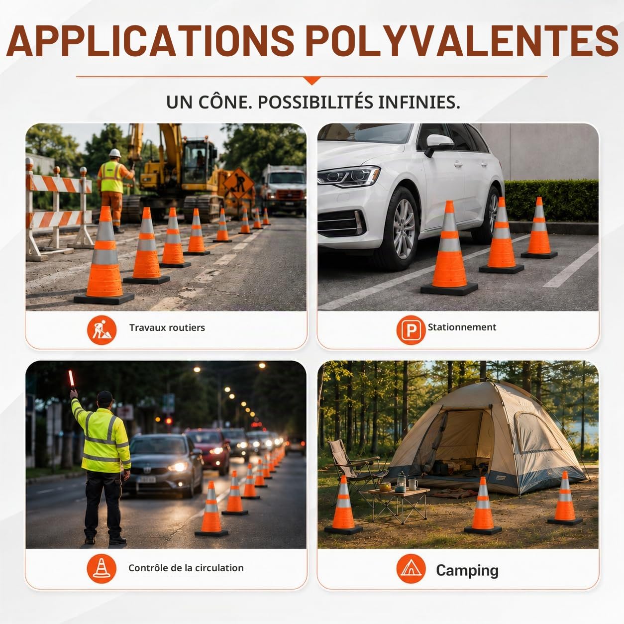 [Lot de 4] ZincOrange Cônes de Signalisation Rétractables 28''/70 cm, Base Lourde, Cônes de Stationnement avec Collier Réfléchissant pour Parkings, Allées, Entraînement Sportif et Conduite