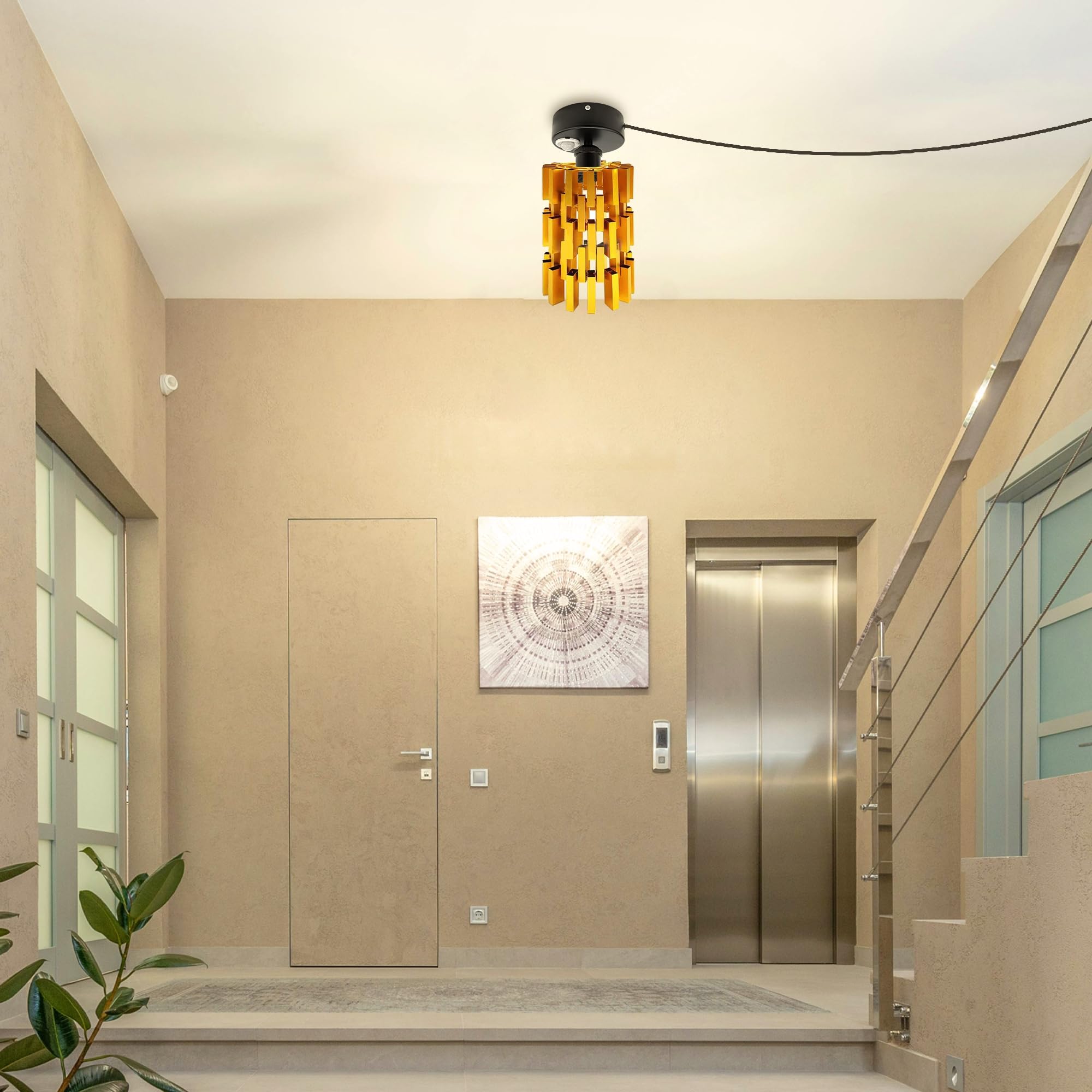 Plafoniera con sensore di movimento interno, lampada da soffitto in ferro industriale, sensore di movimento radar con cavo da 4,5 m e portalampada E27, per corridoio, bagno, scale, garage