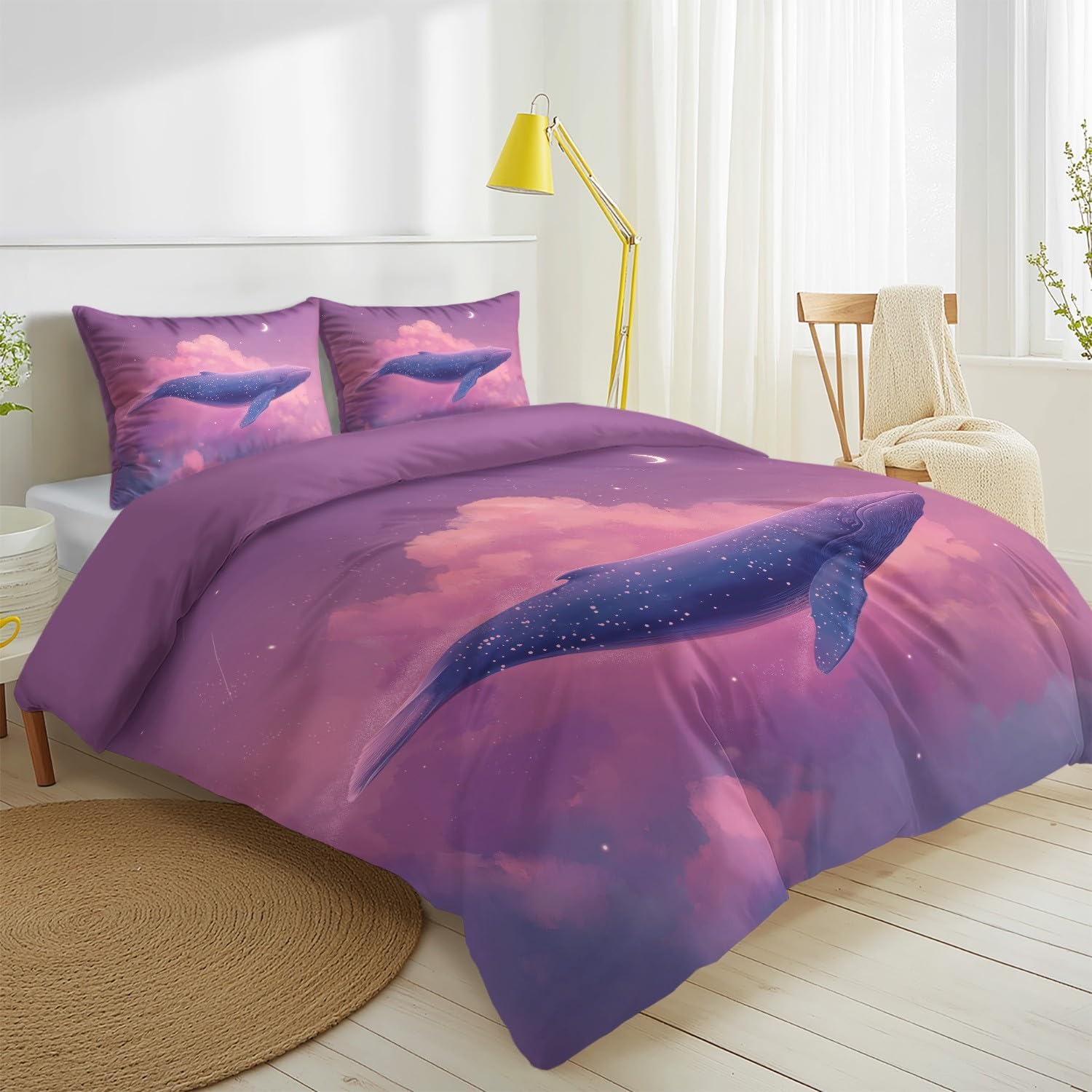 Générique 220 x 240 Dyskretny i niewidoczny suwak fioletowy fantazyjny zestaw pościeli sen zwierzę bajka nadruk zestaw pościeli wieloryb chmury półksiężyc poszwa na kołdrę dla dorosłych