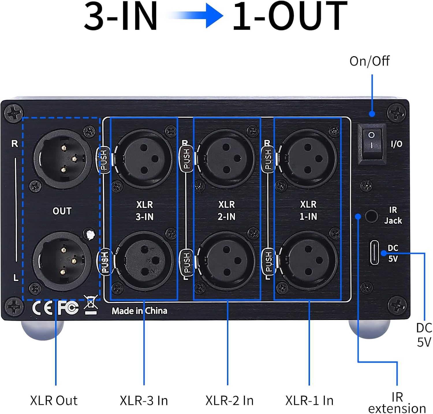 AtDcNeVh XLR 3 in 1 Out Audio Switcher, 3-Way Balanced Audio Switch Converter - Speakers Amplifiers Audio Selector Box - with Remote Control