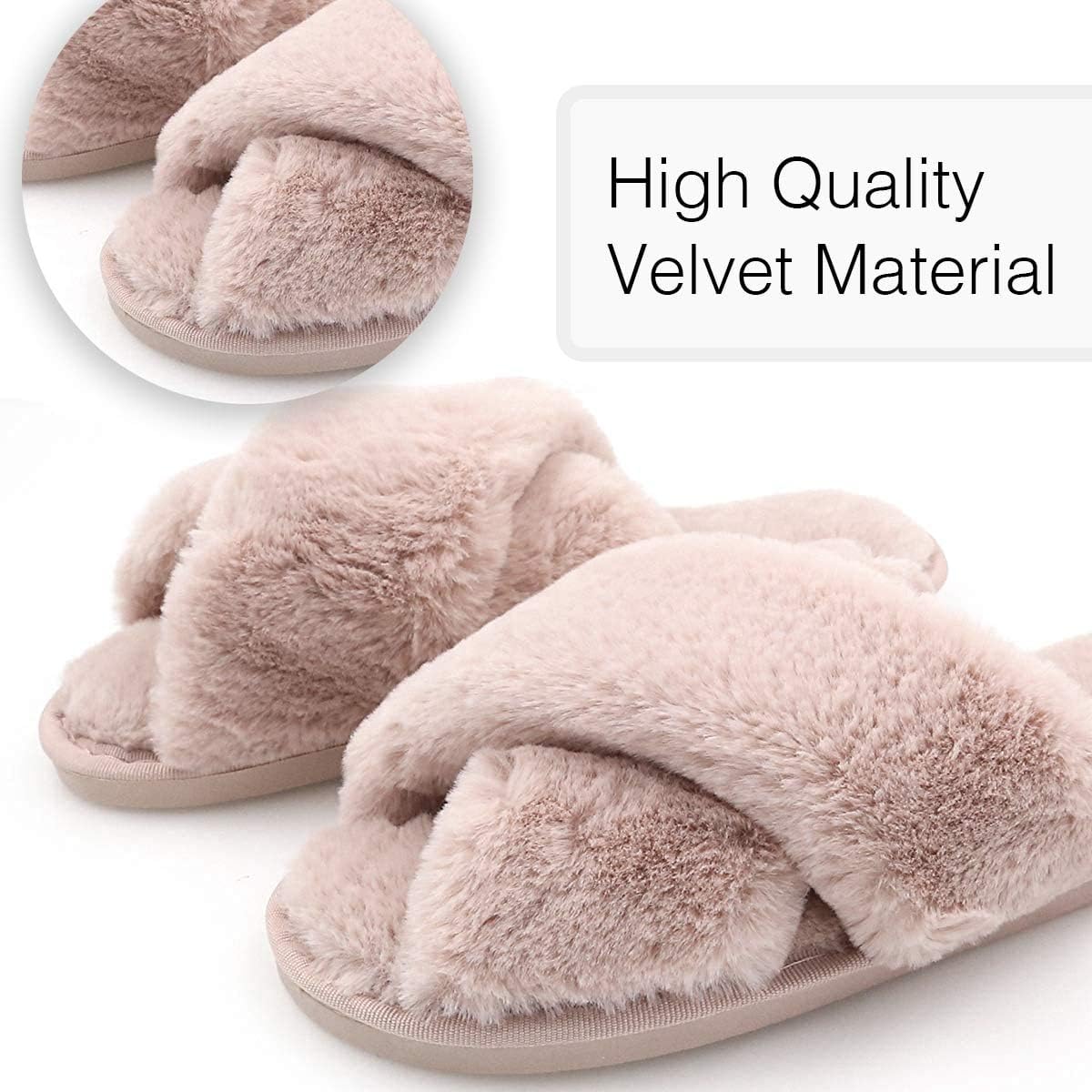 U-slide Women’s Cross Band Soft Plush Fluffy Furry Fleece House Indoor or Outdoor Ladies’ Slide Slippers, Powder Pink, L(9-10) - Image 4