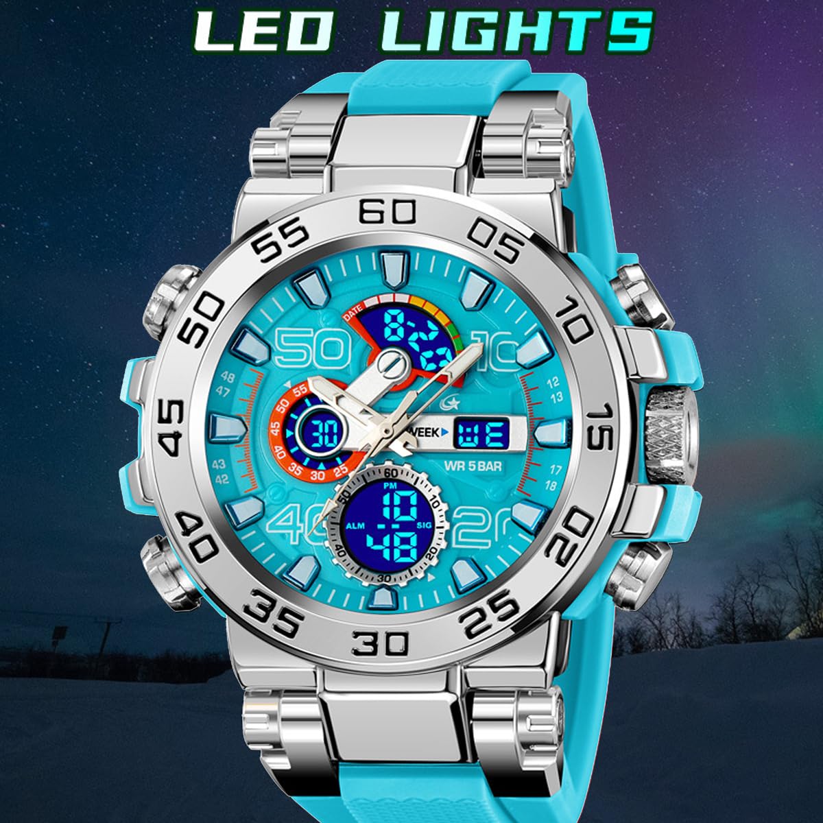findtime Reloj deportivo militar para hombre, resistente al agua, digital, analógico, táctico, para exteriores, esfera grande, reloj de pulsera de doble hora, LED, luminoso, alarma, cronómetro
