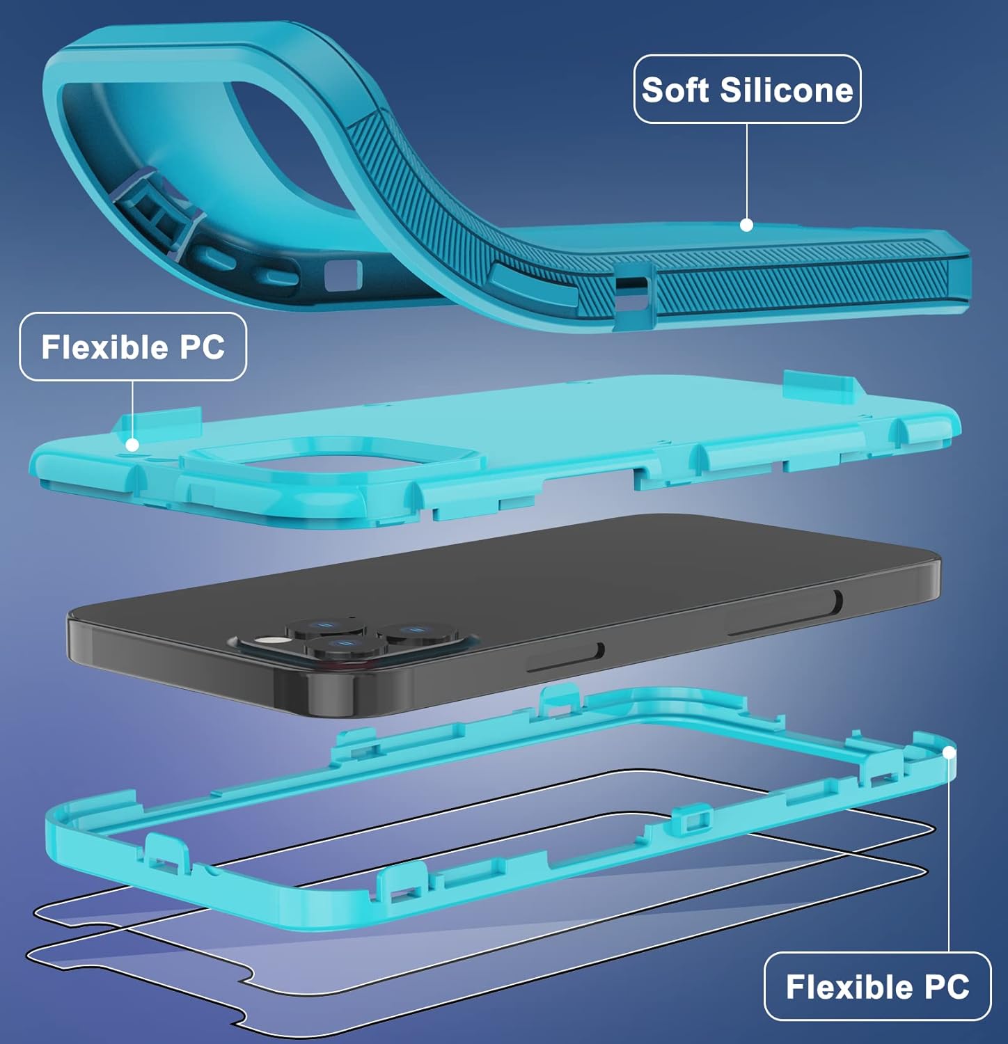 Annymall for iPhone 14 Pro Case with 2 Screen Protector, Heavy Duty Drop Protection Shockproof Full Body 3-Layer Military Rugged Durable Protective Cover for Apple iPhone 14 Pro 6.1" (Lake/Sky Blue) - Image 4