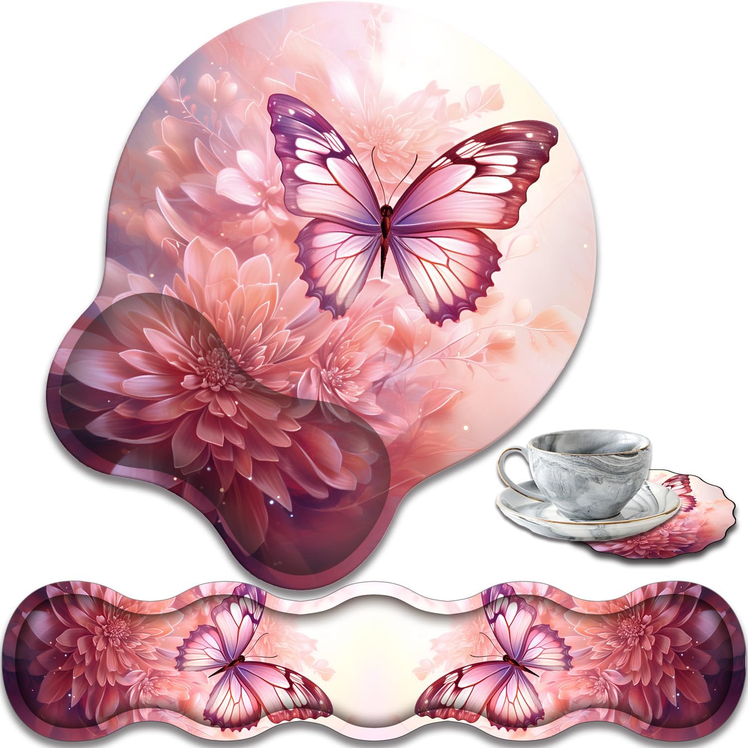 Ergonomic Keyboard Wrist Support Pad and Wrist Support Mouse Pad, Anti-Slip with Gel Memory Mouse Pad Set, Suitable for Office Use/Home Use - Pink Butterfly Flower