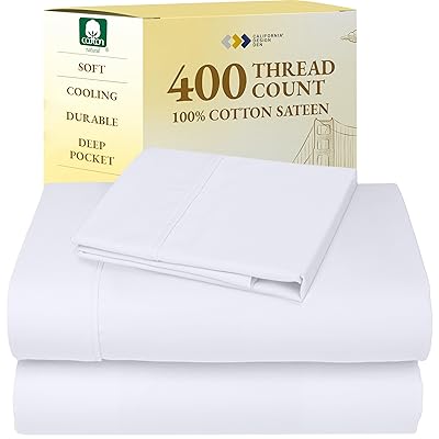California Design Den King Size Sheets Set - Soft 400 Thread Count Sateen, Natural 100% Cotton Sheets King Size, Deep Pockets with All Around Elastic for a Snug Fit, Cool & Durable Bedding - White