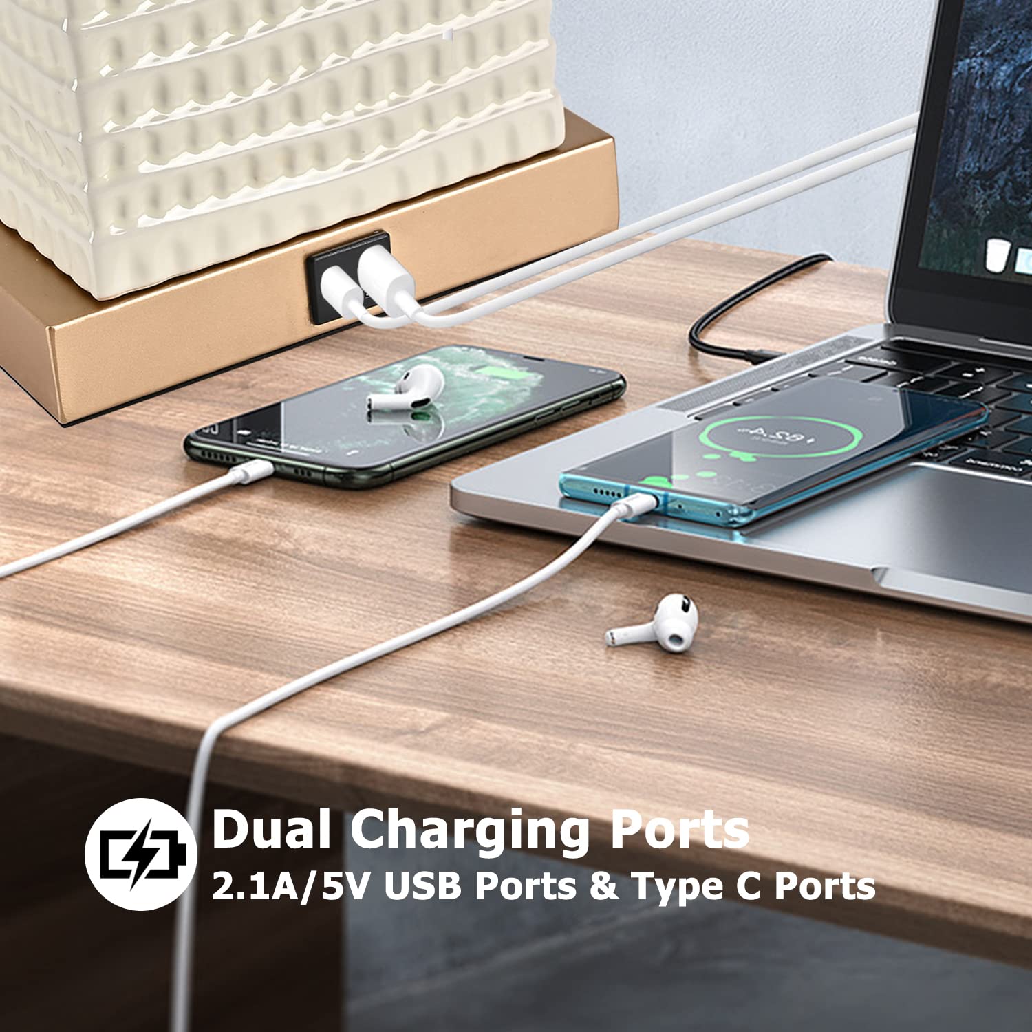 24" Touch Control Table Lamp Set of 2 with USB Ports, 3-Way Dimmable Bedside Nightstand Lamps For Bedroom Living Room End Tables, Gold Ceramic Night Stand Light Side Lamp White Shade, Bulbs Included