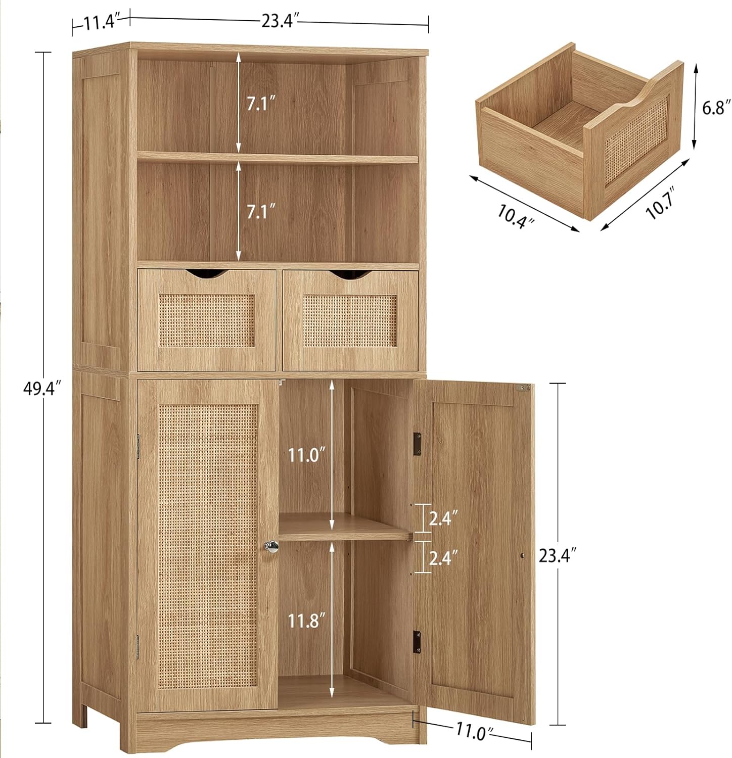 Tall Wooden Storage Cabinet with Rattan Details