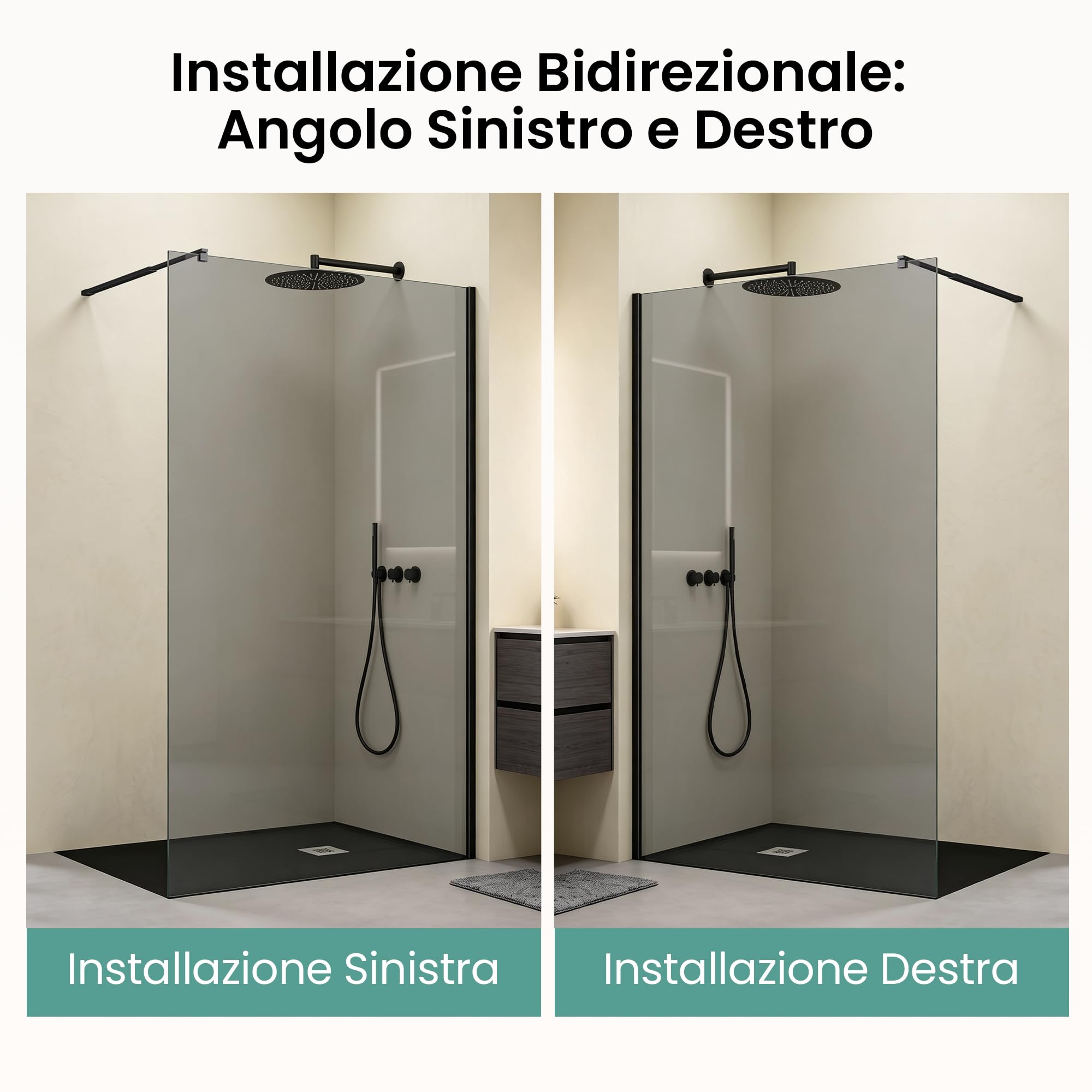 Mai & Mai Box Doccia Walk-In 140x200cm, Parete Doccia in Vetro Grigio 10mm Vetro di Sicurezza ESG con 2 Bracci Sostegni Telescopici MMBR3 Nero