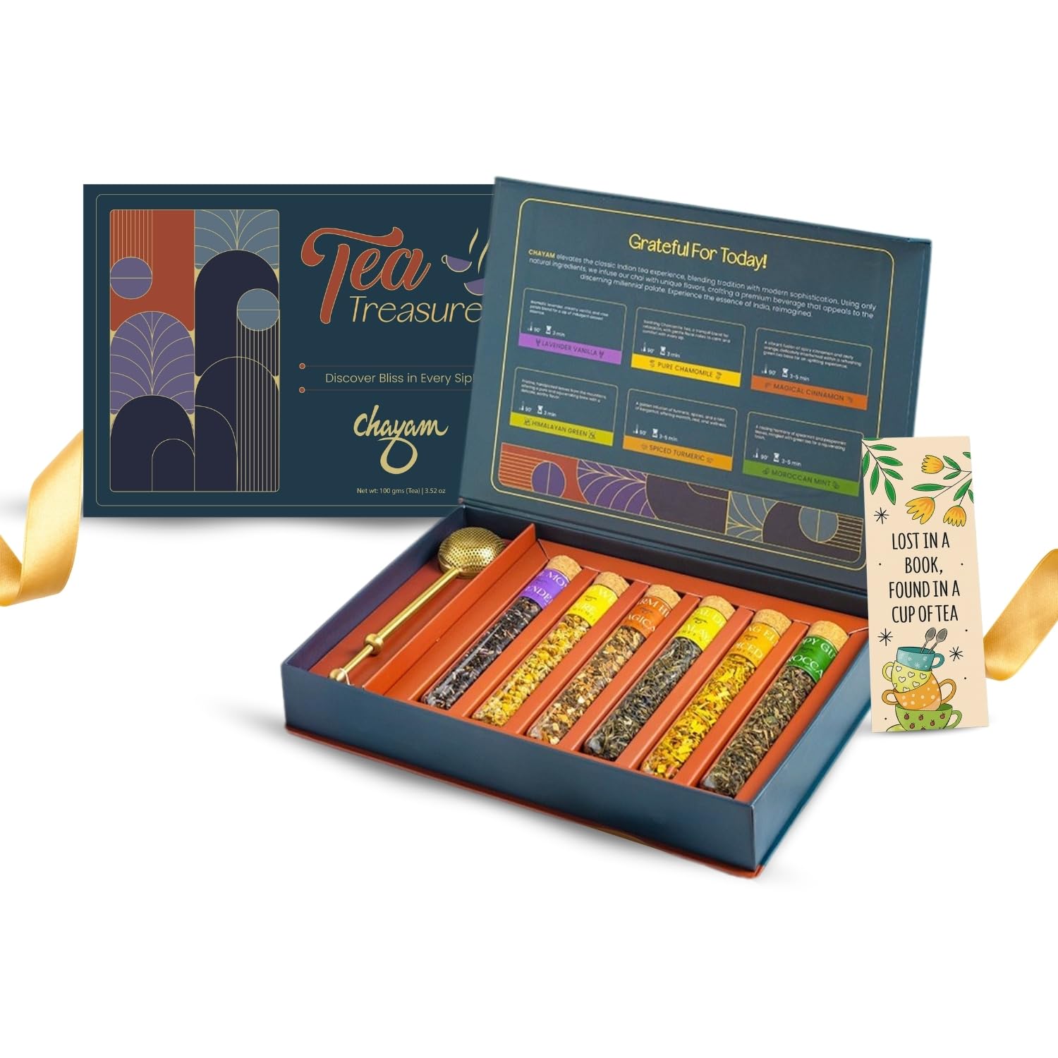 CHAYAM Luxury Assorted Tea Gift Set with Brass Infuser | Wellness Gift Box with 6 Flavours in Glass Tubes, 100G | Chamomile, Lavender Vanilla, Spearmint, Turmeric, Cinnamon, Himalayan Green Tea