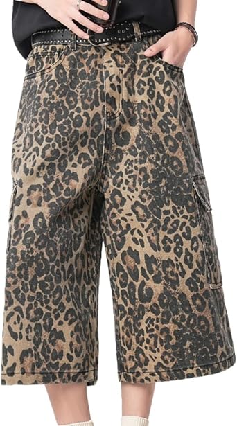 CUTEGAL Leopard Shorts Long Jorts Cropped Jeans Unisex Y2K Vintage Baggy Wide Leg Trousers Streetwear Denim Shorts