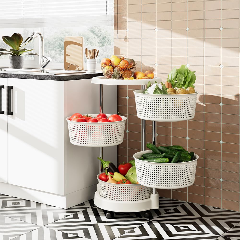 BAKAJI Carrello da Cucina portafrutta con cestelli apribili, Carrellino Portaoggetti Salvaspazio con 4 Ruote Girevoli, Struttura Acciaio e Cesti in plastica, Ideale Cucina, Bagno, (4 Ripiani)