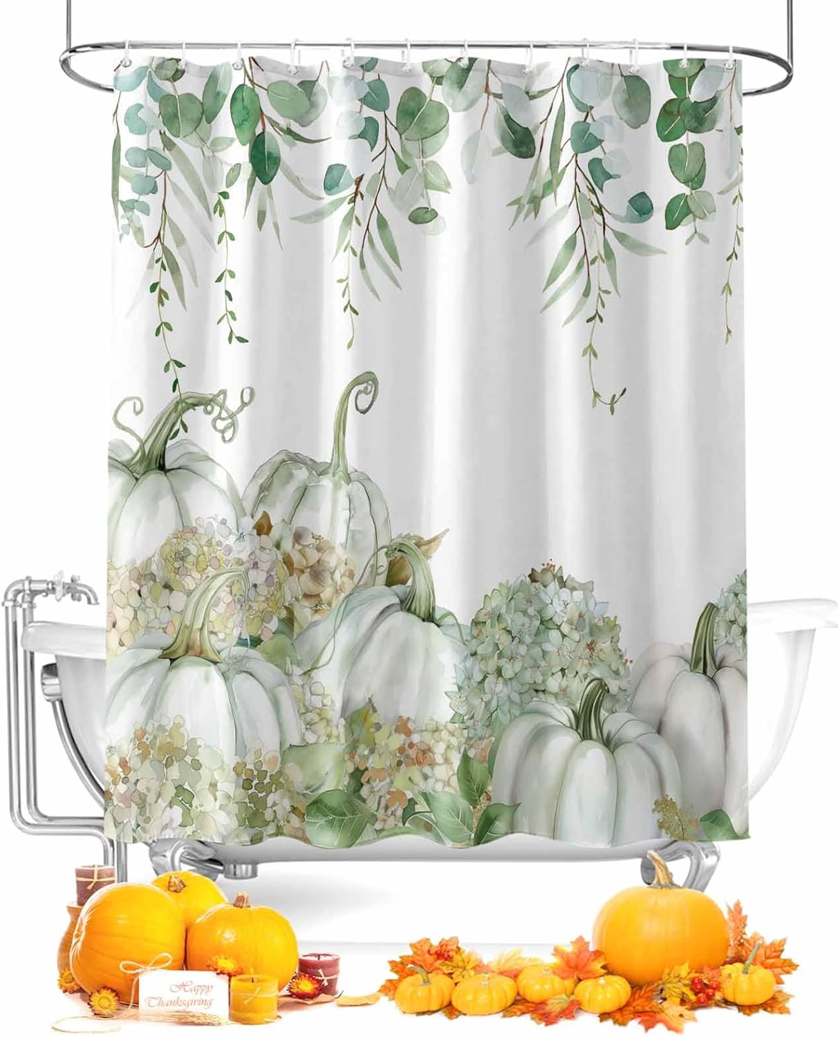 Fall Thanksgicing Shower Curtain for Bathroom, Eucalyptus Leave Hydrangea Pumpkin Texture Waterproof Fabric Shower Curtain, Sage Green Shower Curtain for Holiday Bathroom Bathtub Decor,36x72IN