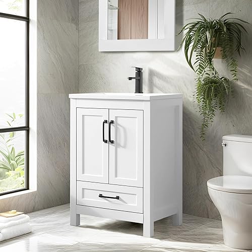 eclife Juego combinado de tocadores de baño de 24 pulgadas con lavabo, fregadero de cerámica empotrado con madera gruesa, grifo negro mate, disponible en Yaxa Peru