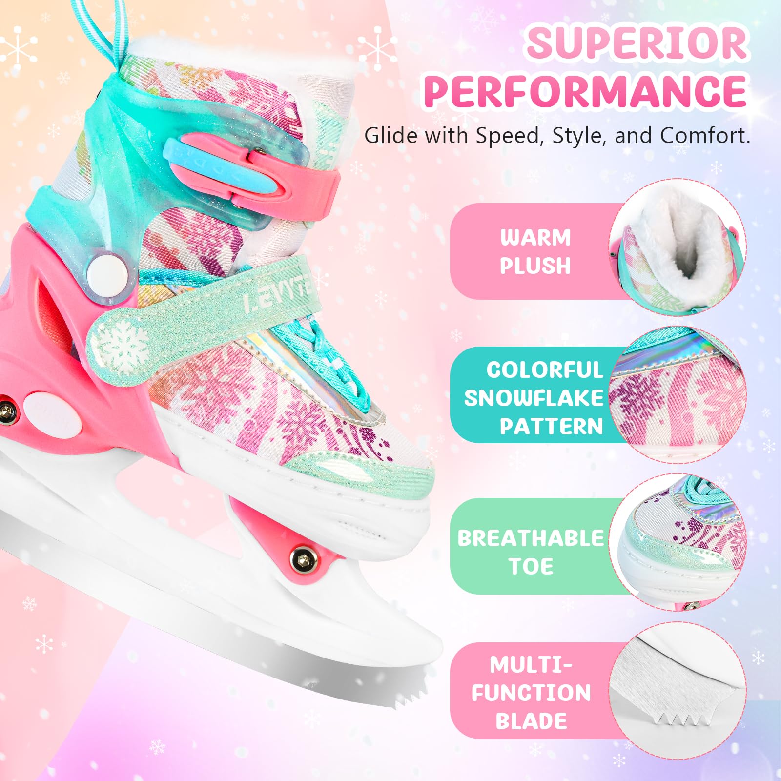 Patines de hielo ajustables para niños y niñas, forro polar cálido, 4 tamaños ajustables para principiantes, cuchillas de copo de nieve, soporte de tobillo, patines artísticos para exteriores