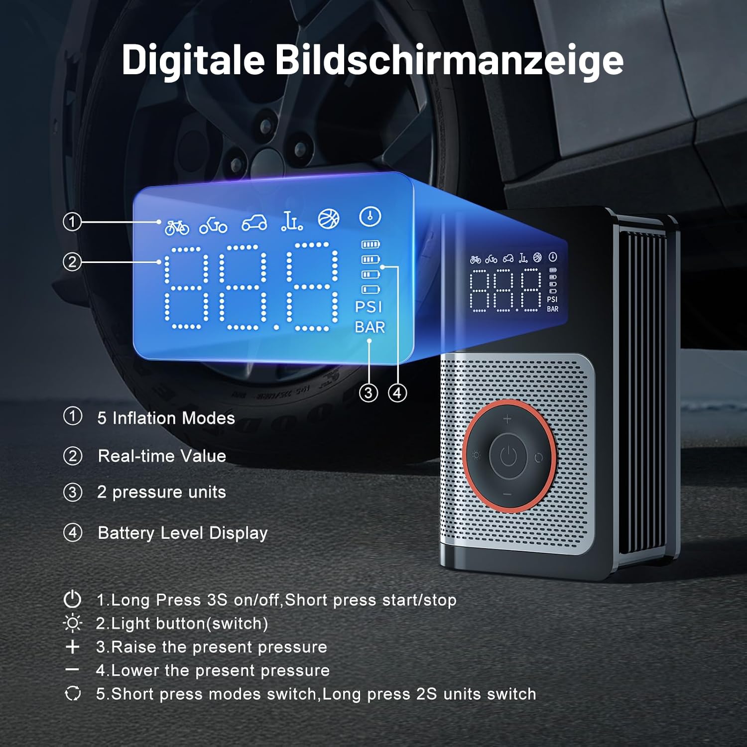 Bomba de aire eléctrica, bomba de aire eléctrica con batería de 150 psi, bomba de aire eléctrica con pantalla LED, 6 modos, bomba de aire para coches, motos, bicicletas y pelotas, PowerPump 360