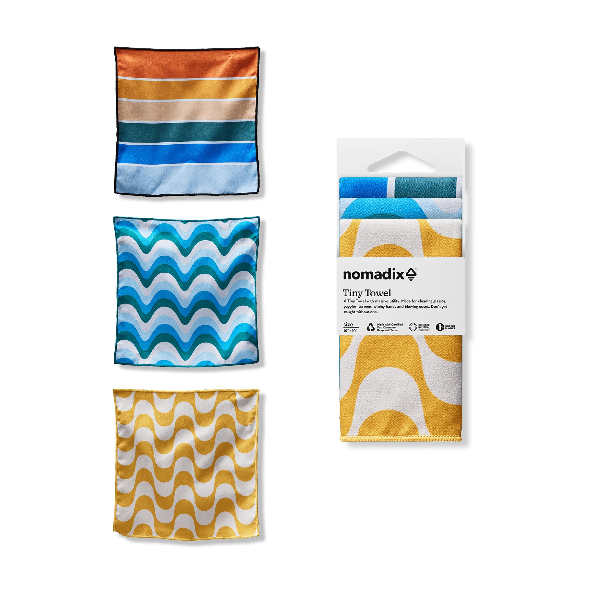 Nomadix Tiny Towel 3-Pack - Perfect for Cleaning Glasses, Goggles, Screens, Travel, Hiking - Made with Recycled Materials - Super Absorbent - Quick-Dry - Odor-Resistant - 10x10 (Stripes)