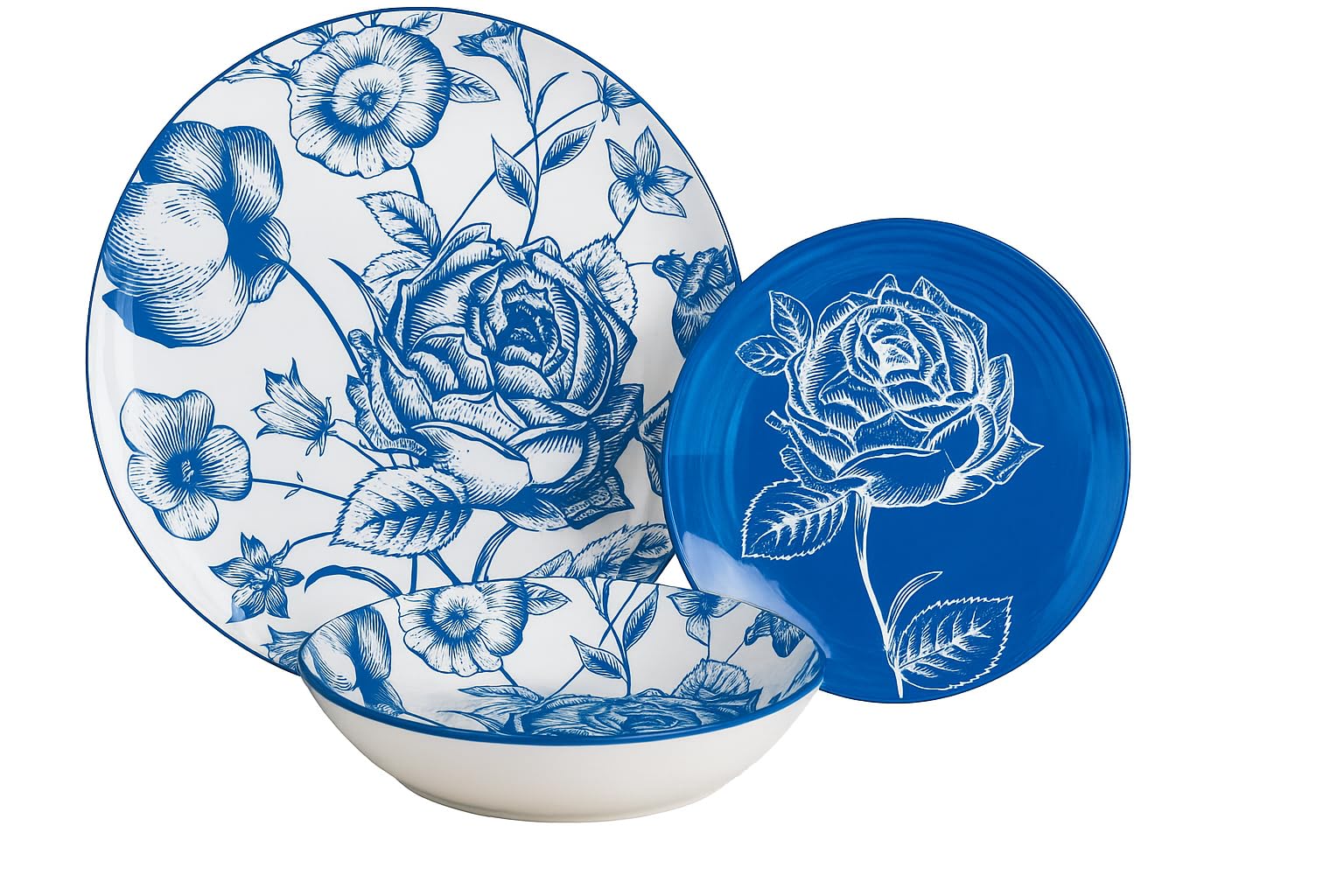 Servizio piatti per 6 persone, 18 pezzi, Porcellana, Rosa Blu Adatto: Microonde e Lavatoviglie