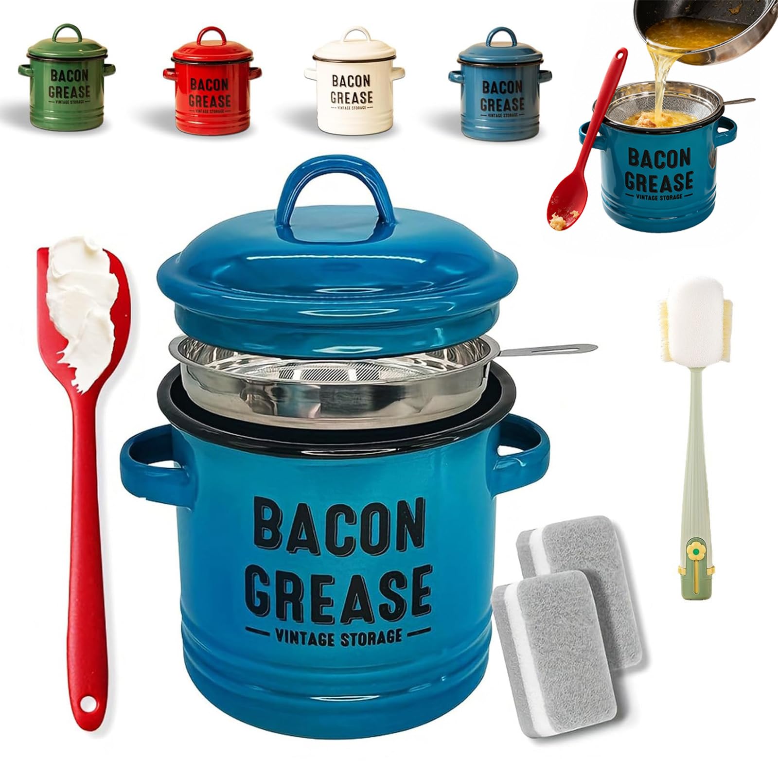 Donubiiu 2026 Upgraded Grease Container with Filter and Scraper, 46 oz Bacon Grease Container with Strainer And Food-Grade Silicone Spatula, Ceramic Grease Trap Jar with Lid Disposal for Cooking (A)