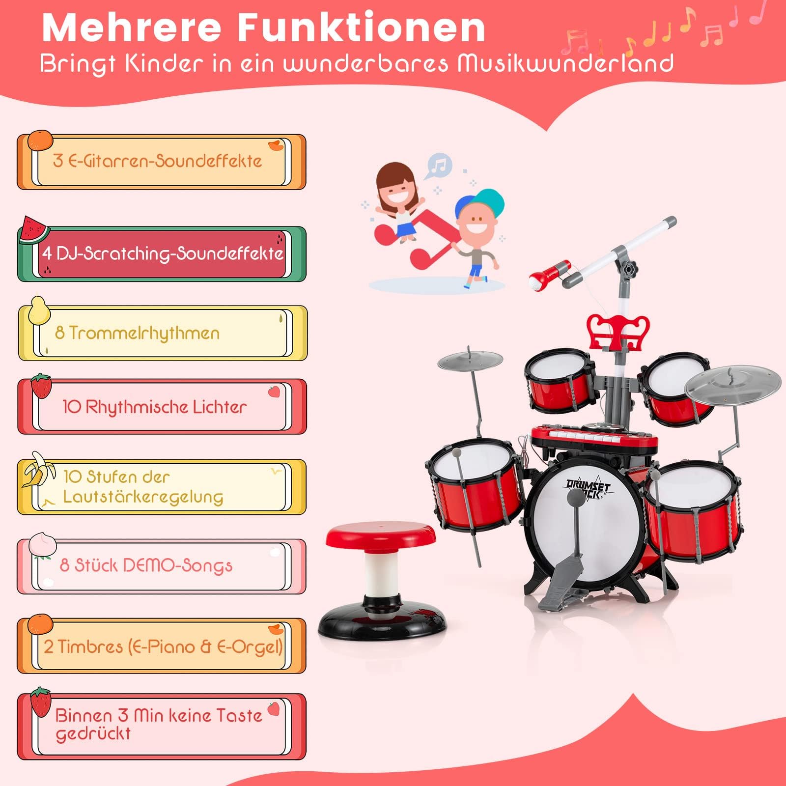 COSTWAY Zestaw perkusji dla dzieci, zestaw perkusyjny z mikrofonem, stojak na nuty, 8 klawiszy i zestaw DJ, wejście audio, instrument muzyczny dla dzieci powyżej 3 lat, czerwony