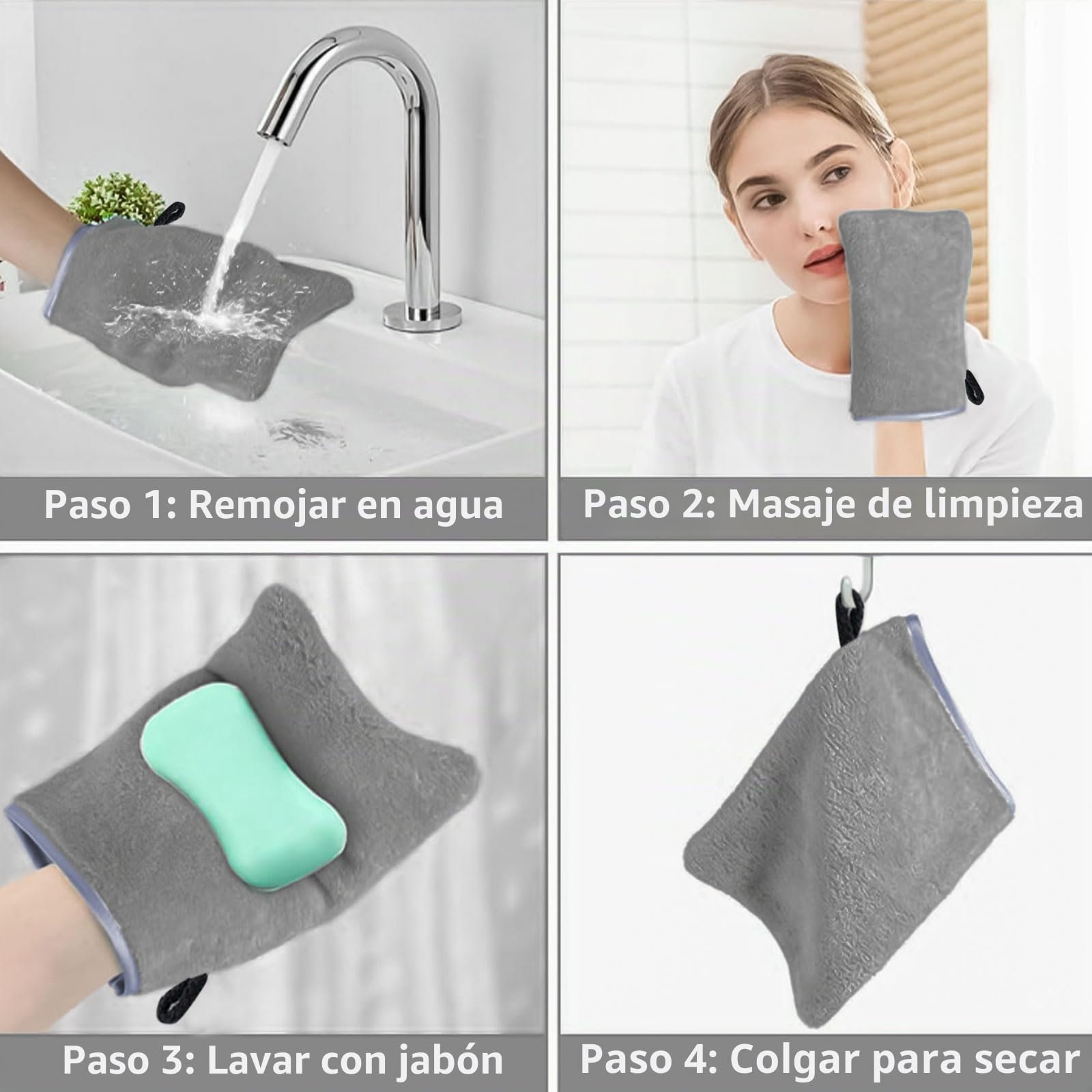 Lote de 6 Manoplas de baño Algodón 20 x 16 cm,Guantes de Microfibra para Limpieza Facial,Manoplas de baño de Rizo algodón 100%(Negro, Blanco y Gris)