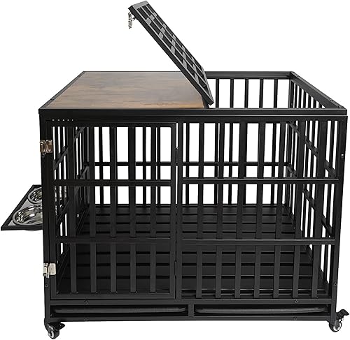 Miniatura 9 de Zelecube Jaulas resistentes para perros grandes, muebles grandes para perros con estación de alimentación, 42 pulgadas de impacto indestructible XL,