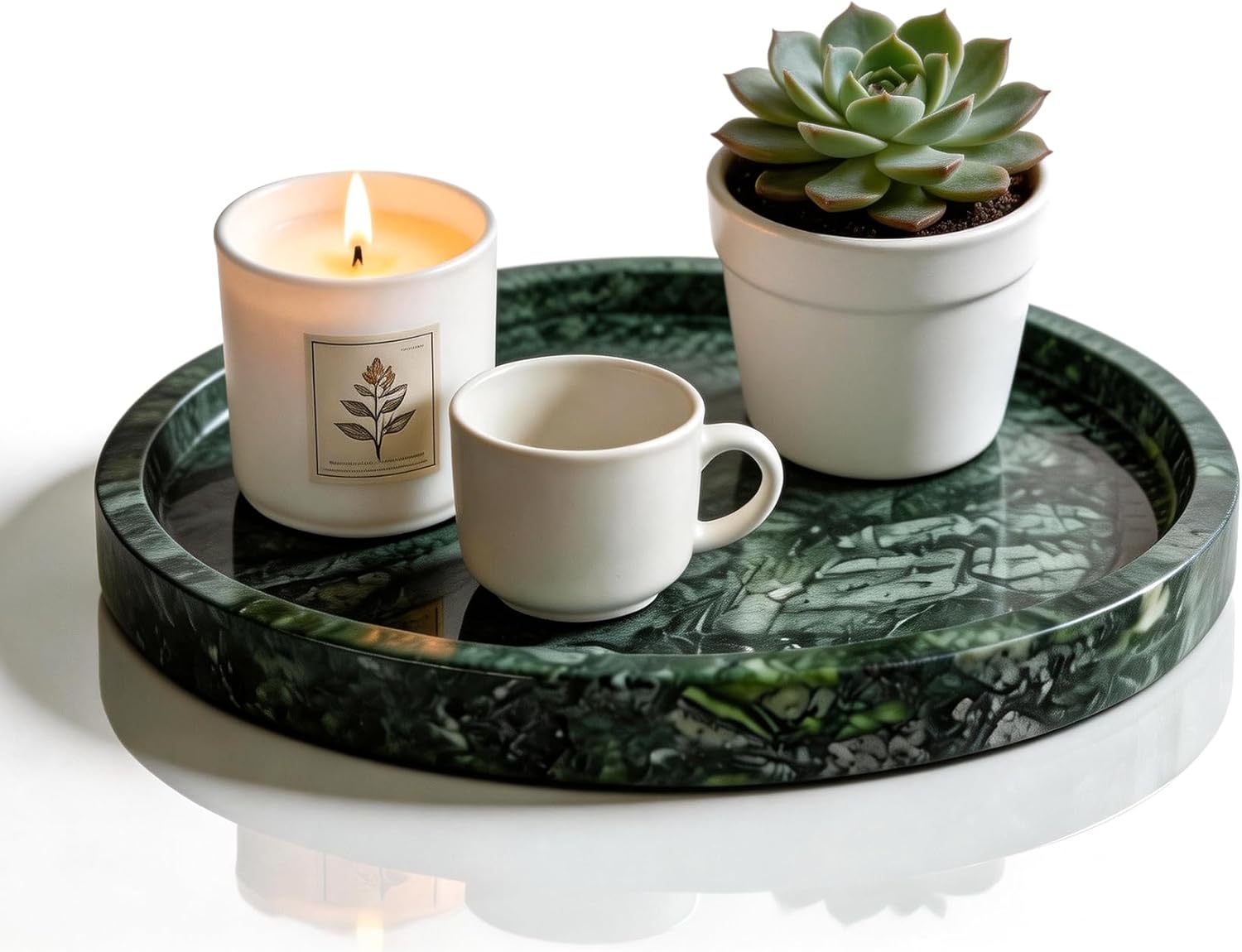 Natural Marble Tray, 9.44" x 0.98" Round Marble Vanity Tray, Marble Ring Dish for Bathroom, Jewelry Tray, Coffee Table,Sink Storage Holder Organizer, Bedside Table,Home Decor,Green (NS055)