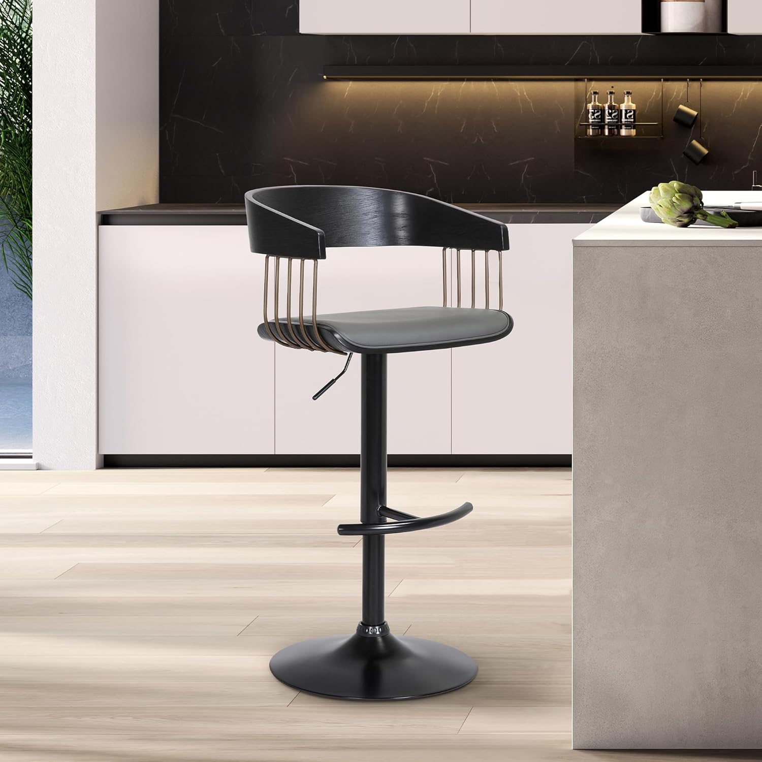 Armen Living Larisa Mid Century Modern Adjustable Height Swivel Black Wood Bar Stool for Kitchen Island Counter in Gray Faux Leather with Golden Bronze and Black Metal