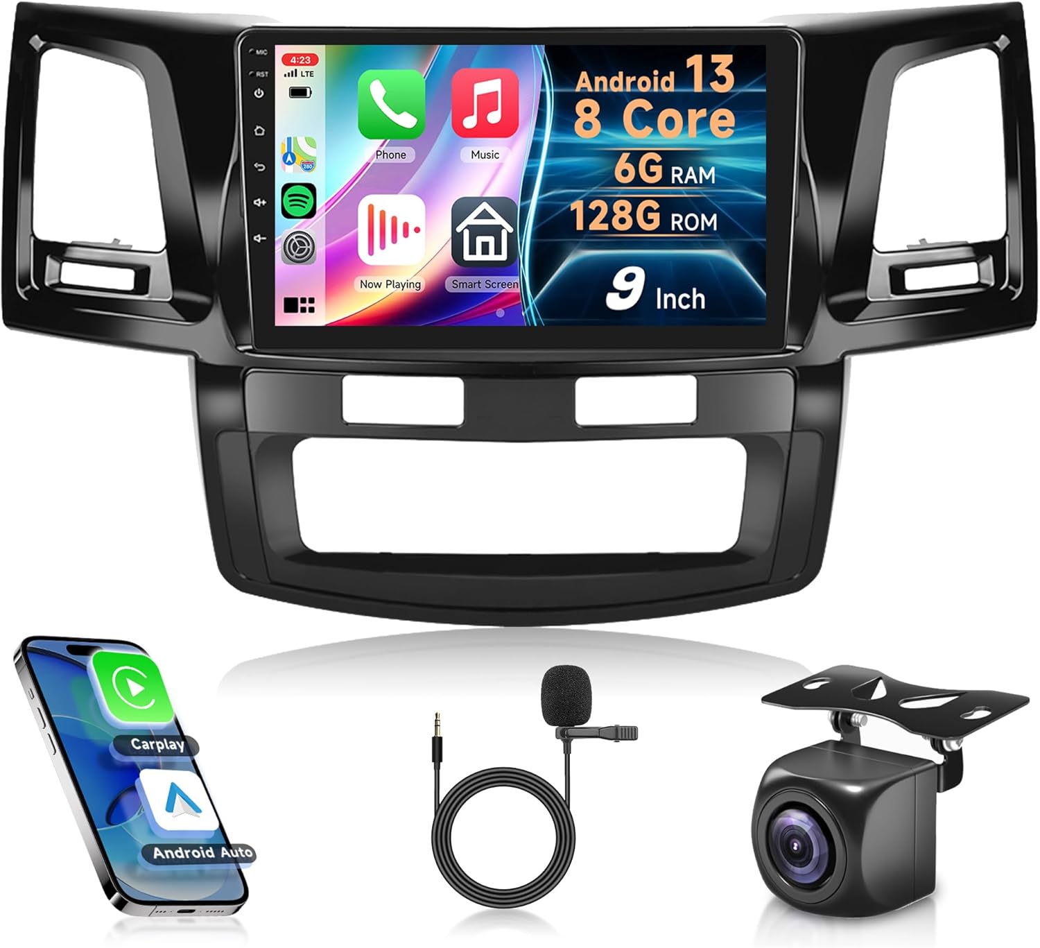 Rimoody Android Car Stereo with display, microphone, and backup camera.
