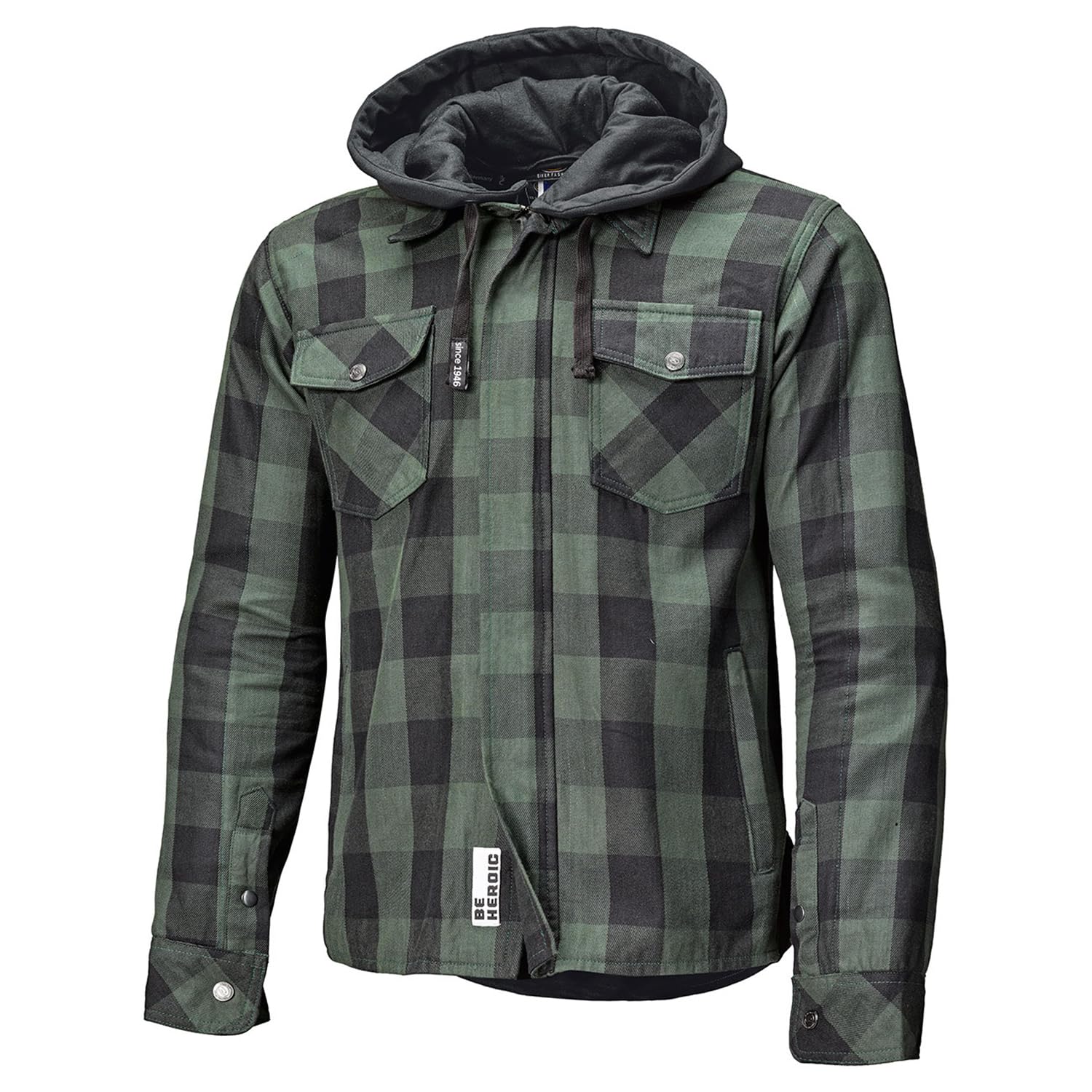 Held Lumberjack 2 - Motorrad Hemd mit Protektoren - CE zertifizierte Motorrad Jacke Herren EN 17092 - Flanell Material - Abnehmbare Kapuze - Soft-Protektoren Schulter&Ellbogen - Schw/grün, Größe L | CE-Protektoren