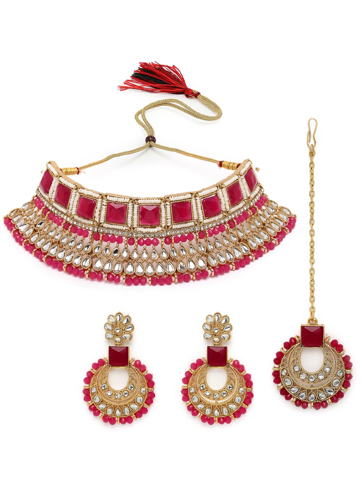 Classical Bridal Gold Plated Rani Pink Kundan & Beads Studded Choker Necklace Set For Women-image-40